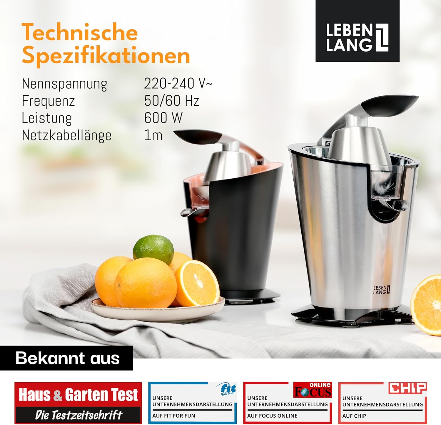 LEBENLANG Elektrischer Entsafter 600 W – inklusive Edelstahlkegel & BPA-frei I hohe Ergiebigkeit I Orangenpresse Zitruspresse Zitronenpresse I Orangenpresse Zitronen pressen – Bild 6