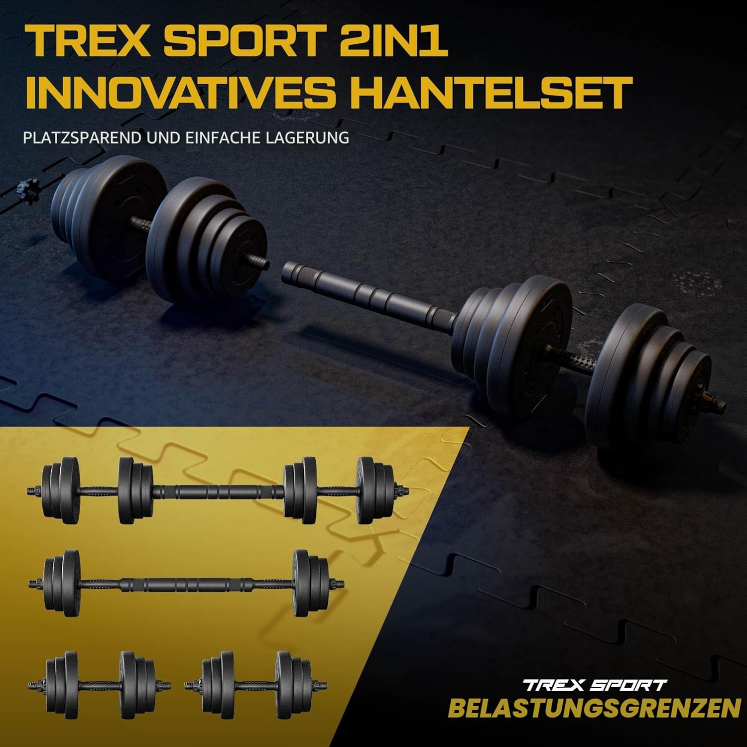 TREX SPORT Hanteln-Set | 2er Set Kurzhanteln & Langhantel | 20kg 40kg Hantelset Hantelset mit Verbindungsrohr – Bild 4