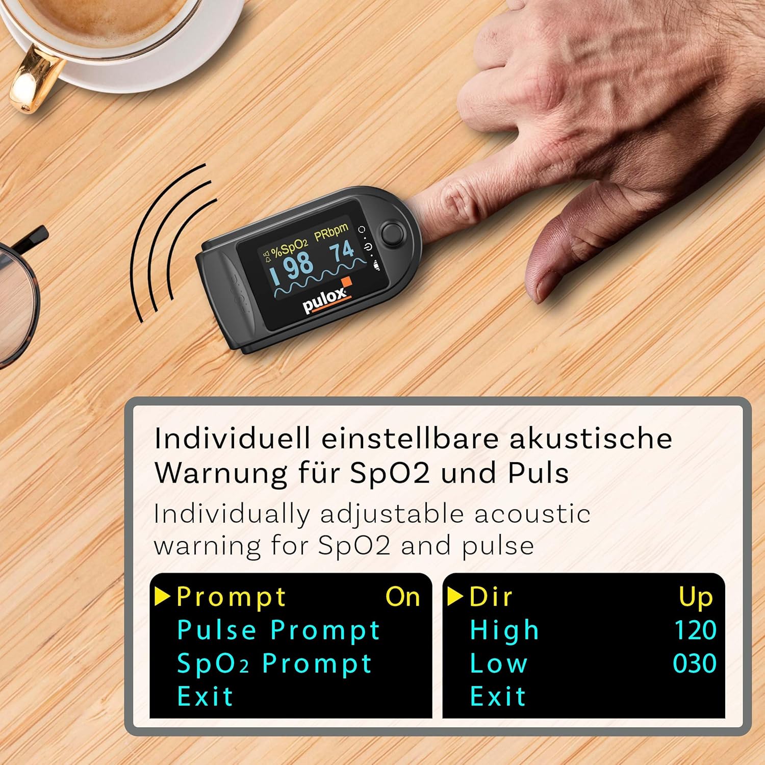 Pulsoximeter PULOX PO-200A mit zuschaltbarer Alarmfunktion und Pulston inkl. Zubehör *Farbauswahl möglich, schwarz – Bild 3