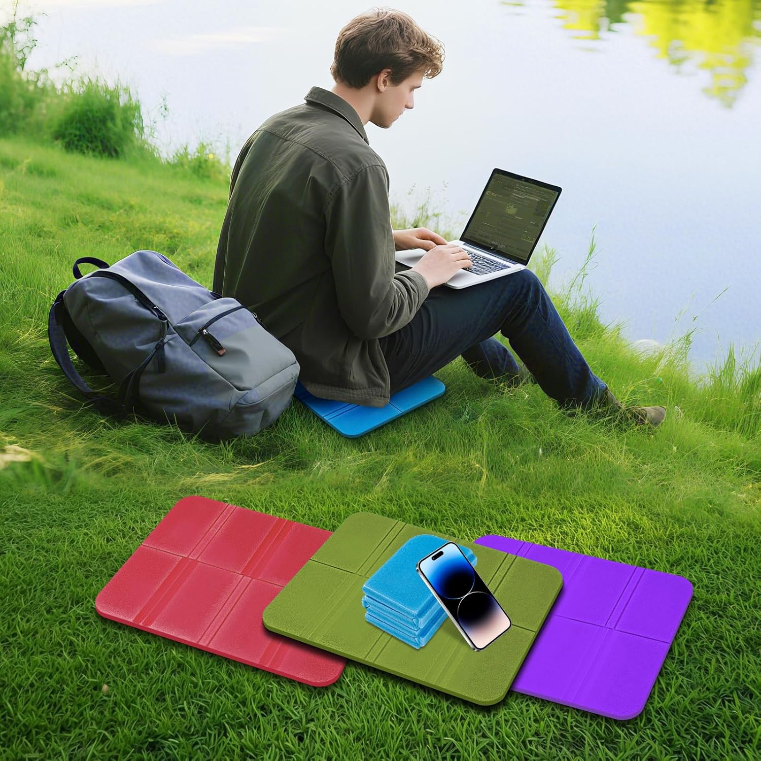 4 Stück Sitzkissen Outdoor Faltbar 4 Farben Sitzpolster Outdoor Wetterfest Thermositzkissen Faltbar mit 4 Aufbewahrungstaschen Sitzmatte Outdoor für Wandern Tribüne Picknick Camping – Bild 5