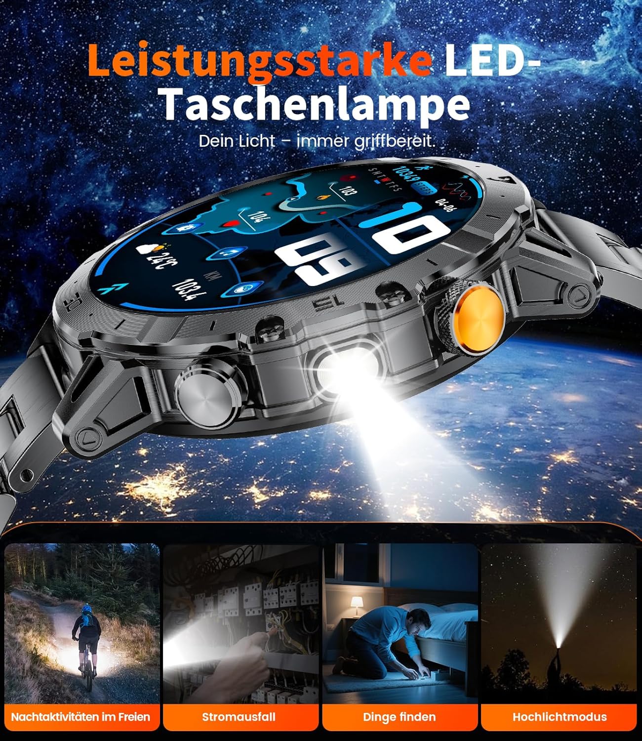 EF18-A Herren-Smartwatch mit 1000 mAh großem Akku, Taschenlampe, Bluetooth-Anruf, 1,7 Zoll Fitnessuhr mit 110+ Sportmodi, Herz- & Schlaf-Tracking, wasserdicht für iOS/Android, 3 Armbänder + 2 Ladegeräte – Bild 8