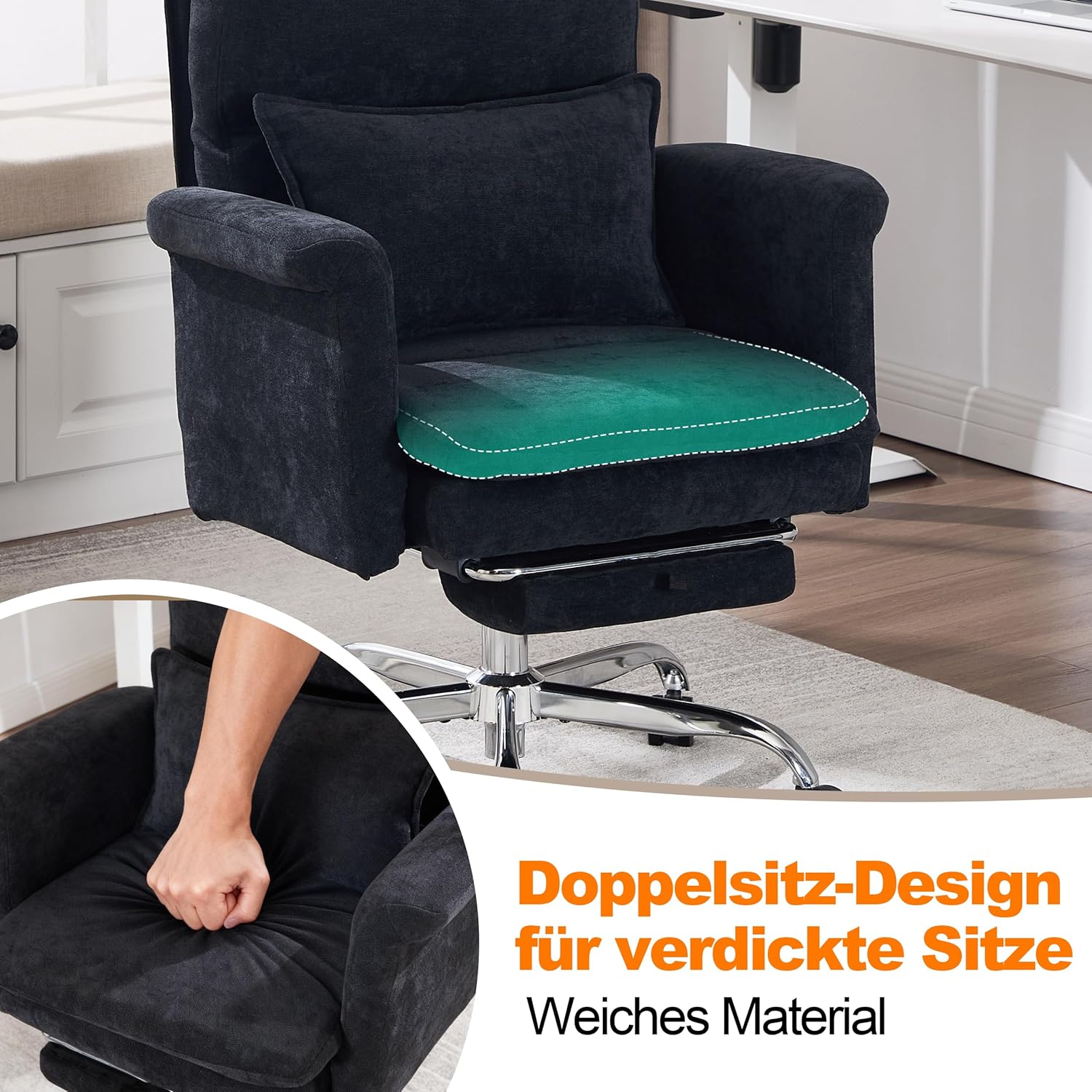 UEV Ergonomischer Bürostuhl mit Fußstütze bis 226 kg, klappbare Armlehnen, dicke Sitzpolsterung, verstellbare Kopfstütze, Schreibtischstuhl für Schneidersitz, Computerstuhl, Drehstuhl, Home Office, Schwarz – Bild 6
