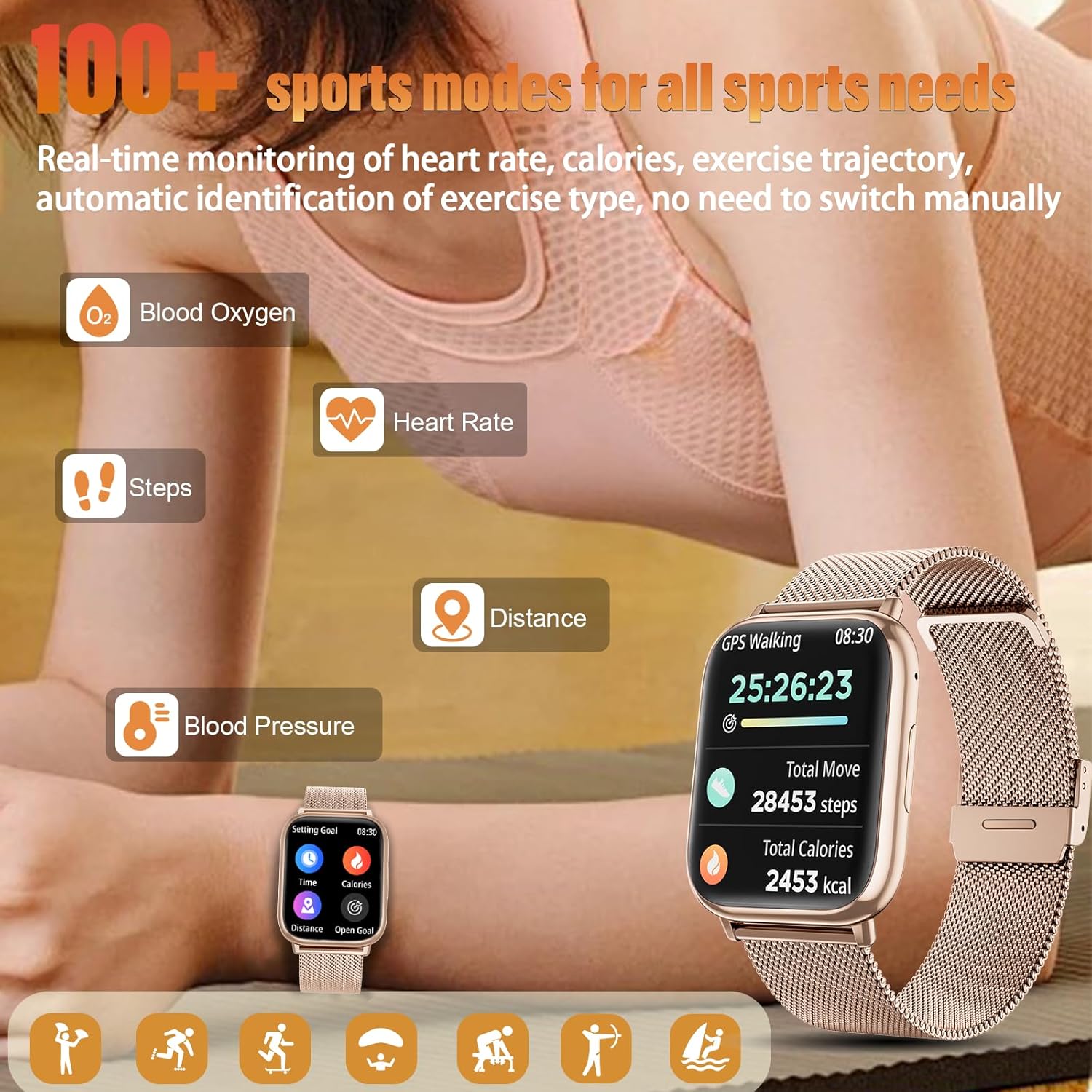 SLOKSFil Damen-Smartwatch mit Telefonfunktion, 3 Armbänder, 1,83 Zoll HD-Fitness-Tracker mit 24-Stunden-Herzfrequenzüberwachung, SpO2-Schlafüberwachung, 120+ Sportmodi, IP68, Schrittzähler, Smartwatch für iOS – Bild 3