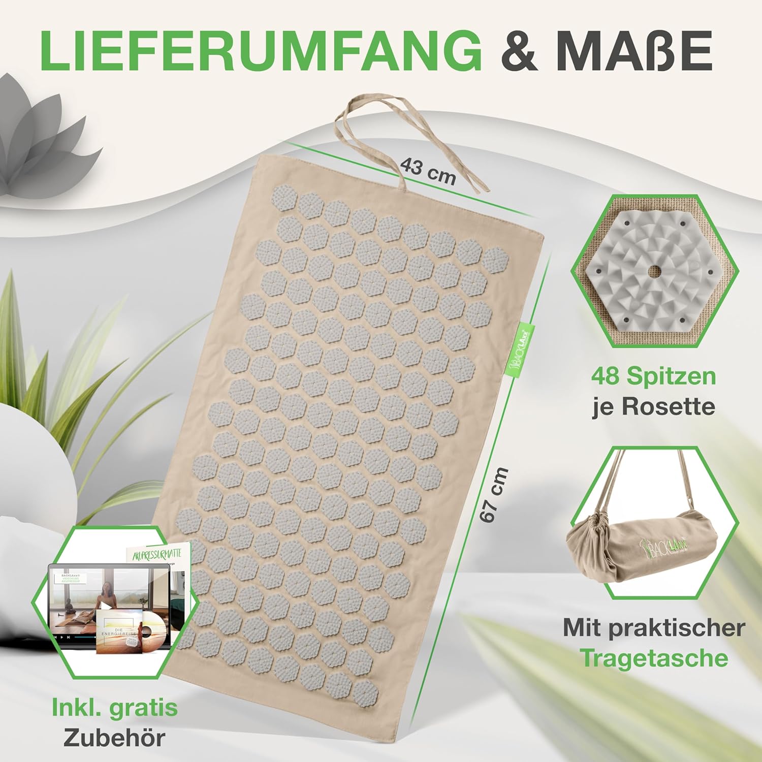 BACKLAXX Akupressurmatten-Set mit Tasche (To-Go), ideal für das Handgepäck auf Reisen, Akupunkturmatte mit Spikes zur Massage, Entspannung von Nacken und Schulter, Massagematte Rücken – Bild 5