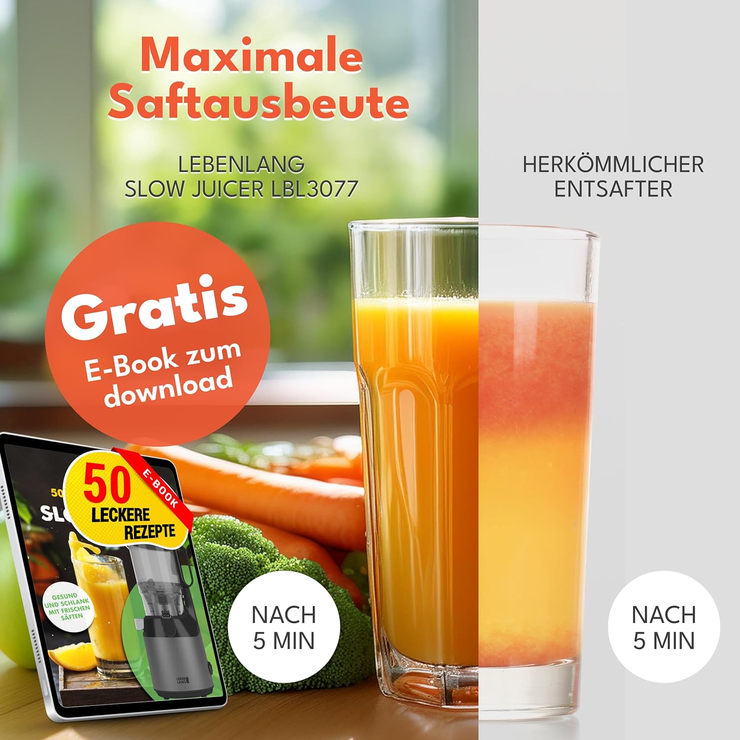 LEBENLANG Slow Juicer – inklusive Rezeptbuch & großer 135-mm-Öffnung I perfekt für Obst, ganze Früchte und Gemüse, 100 % BPA-frei I beste Entsafter-Maschine, Entsafter (grau) – Bild 3