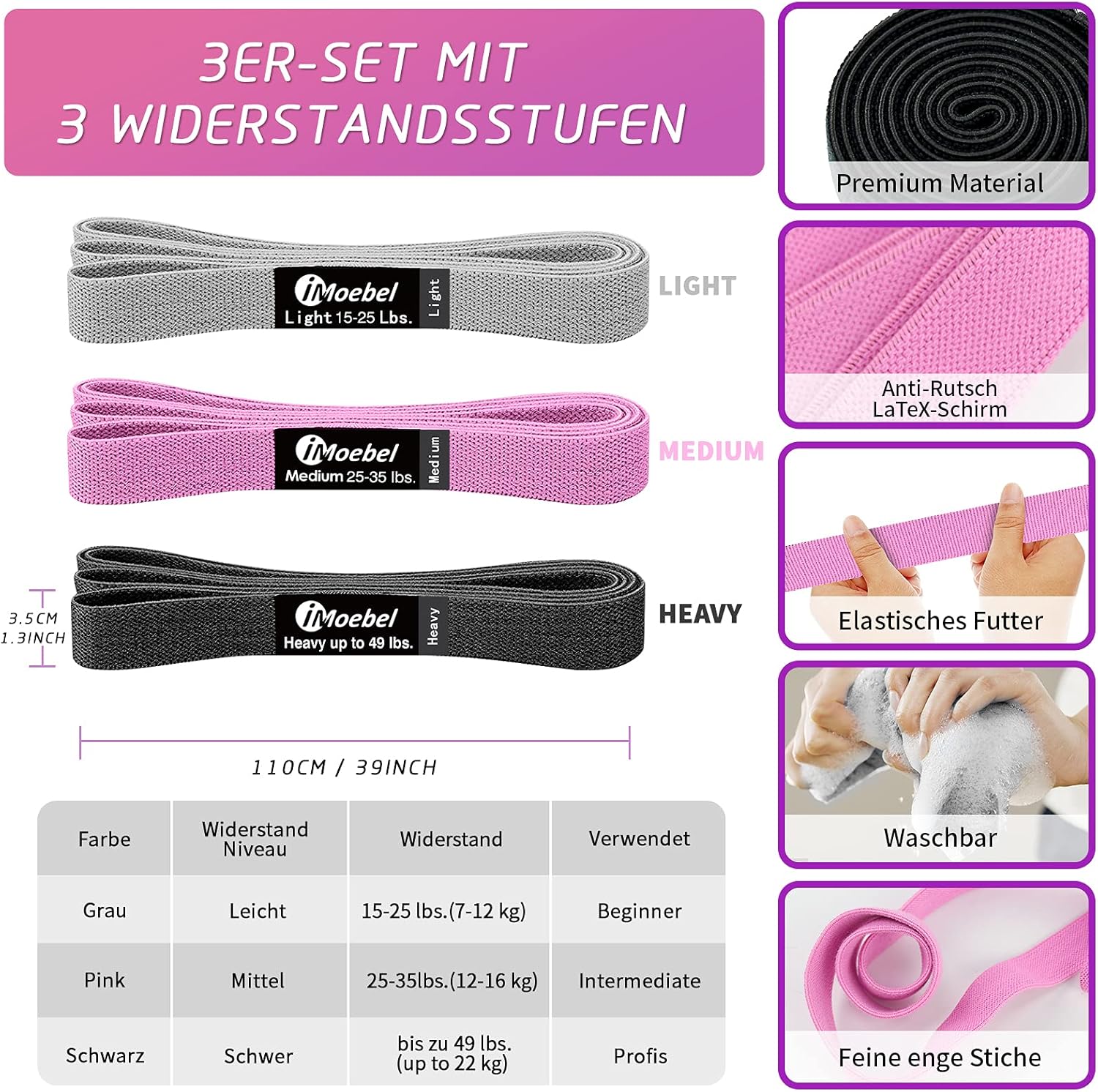 Fitnessband Stoff-Widerstandsbänder – Lange Widerstandsbänder, rutschfestes Gymnastikband, Klimmzugband für Krafttraining, Crossfit, Yoga, Heimtraining – Bild 3