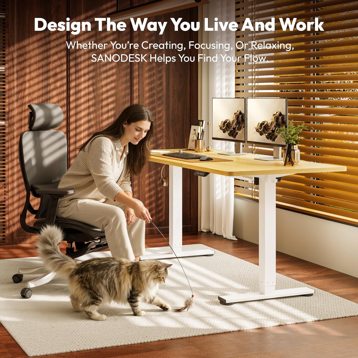SANODESK Höhenverstellbarer Schreibtisch, 160 x 60 cm, mit Memory-Funktion, elektrischer Stehtisch für das Home Office, ergonomischer Computertisch mit modernem Design und vierteiliger Tischplatte – Ahorn – Bild 2