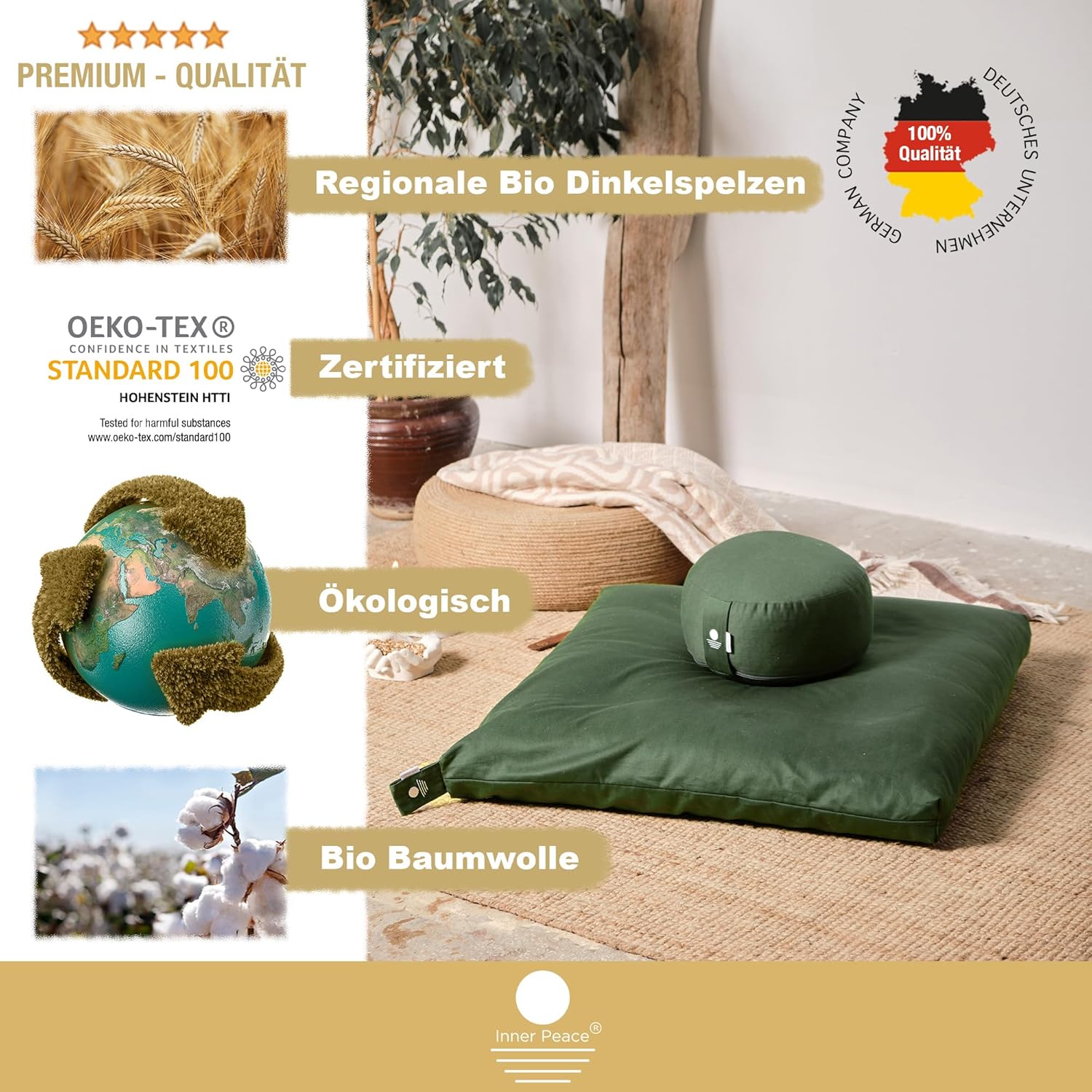 Inner Peace Yogakissen Meditationskissen aus 100 % Bio-Baumwolle und mit Bio-Dinkelspelzfüllung | Yogakissen Rundes Yoga-Sitzkissen, Yogakissen-Meditationskissen, Yoga-Meditationskissen – Bild 3