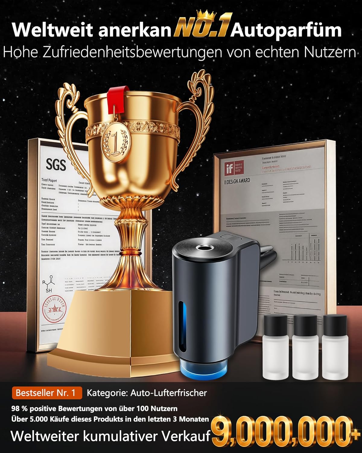 Elektroauto-Lufterfrischer mit 3 Parfümen (Köln/Chanell/Hiltonn), Ultraschallzerstäuber, intelligente 3 Modi, automatisches Ein-/Ausschalten, eingebauter Akku, 30 ml natürlicher Autoduft CFK-3Z – Bild 2