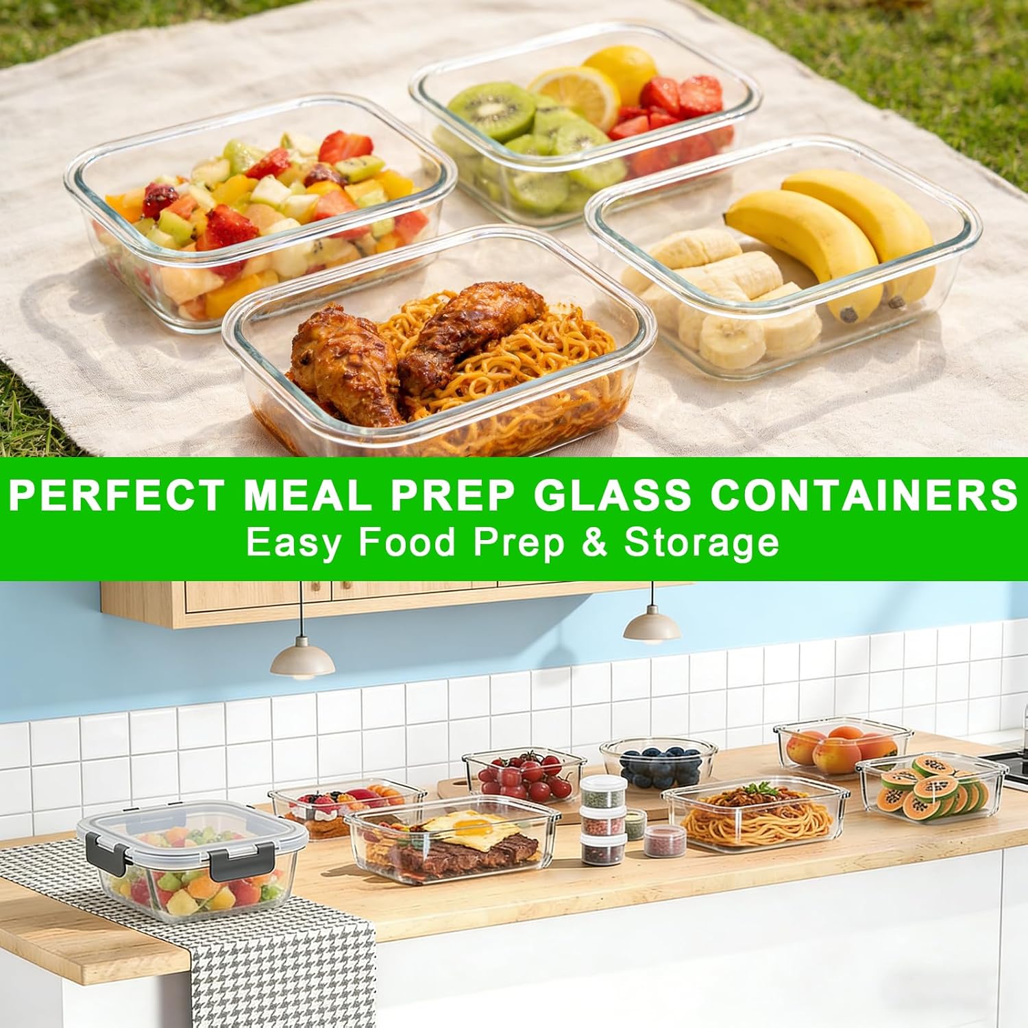 Brotdosen Glasbehälter mit Deckel,Glas Frischhaltedosen Set 20-teilig (10 Behälter & 10 Deckel) BPA-frei,Aufwahrungsbox Spülmaschinenfest, Mikrowellen & Gefrierschrankgeeignet(5 x 1050ml + 5 x 370ml) – Bild 7