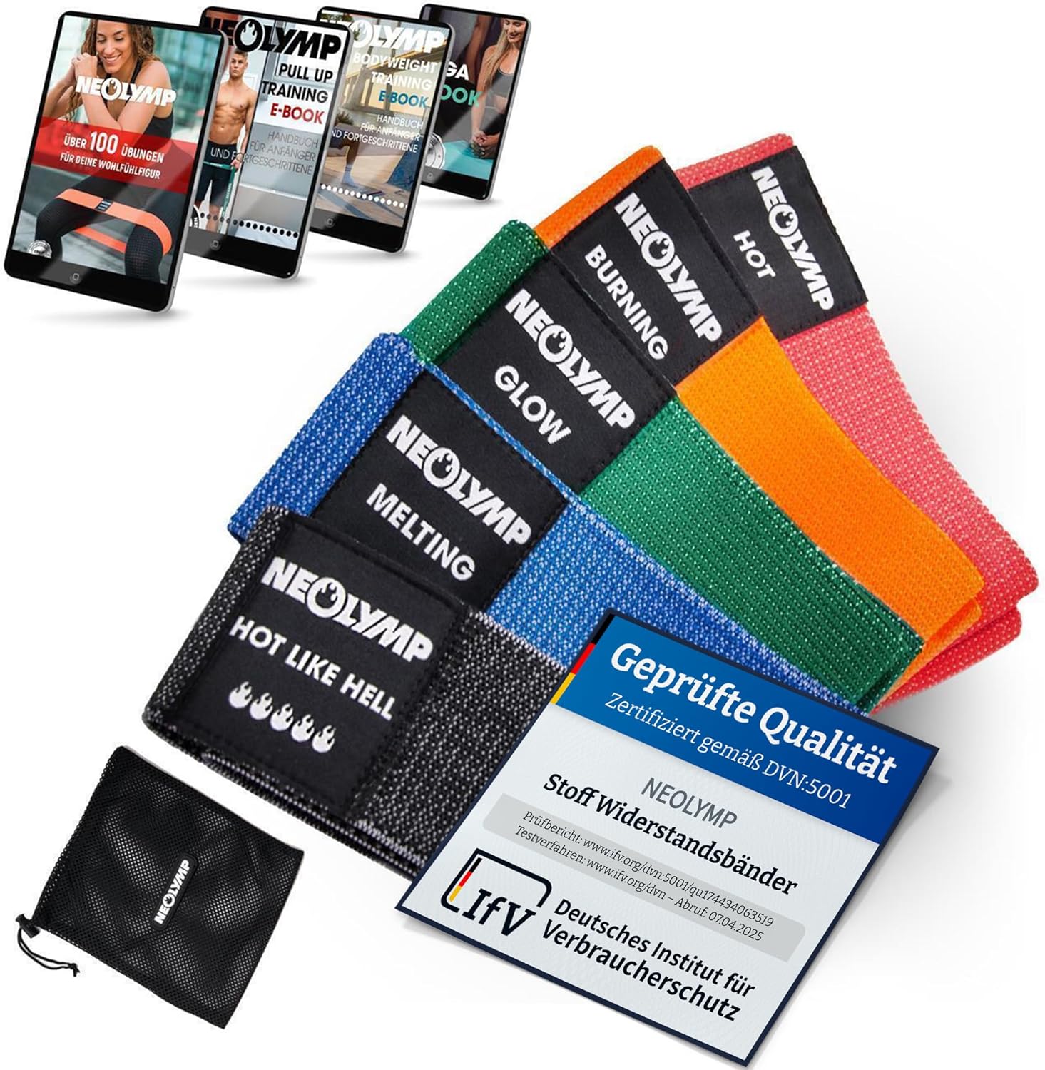 Neolymp Premium Fitnessbänder für den professionellen Sporteinsatz + Buch mit über 100 Übungen, Fitnessband, Thermoband, Widerstandsband, Terraband für Pilates / Crossfit