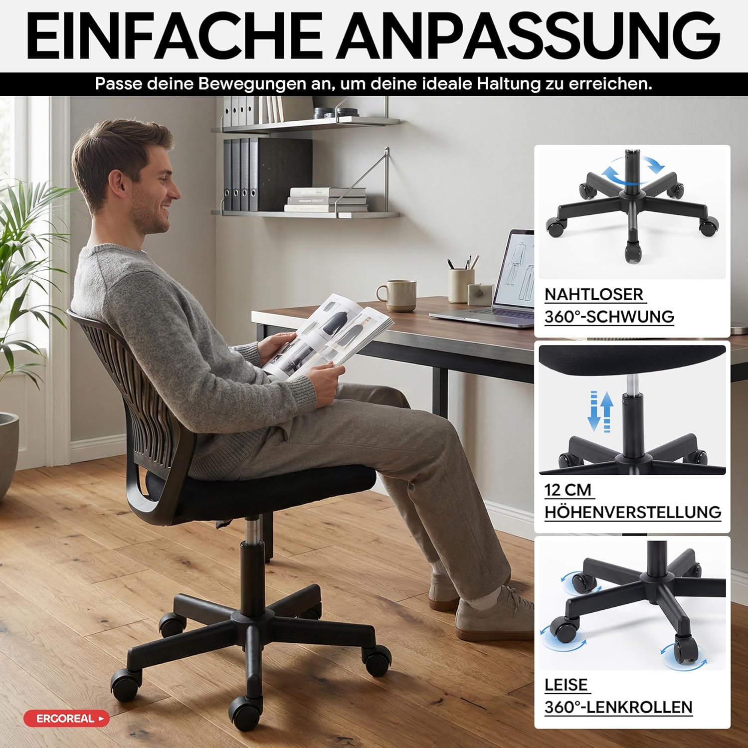 Ergonomischer Bürostuhl ohne Armlehne, Bürostuhl mit Rollen und Höhenverstellung, gemütlicher Bürostuhl mit ergonomischer Rückenlehne, Heimbüro/Arbeitszimmer/Arbeitszimmer (Tiefschwarz) – Bild 7