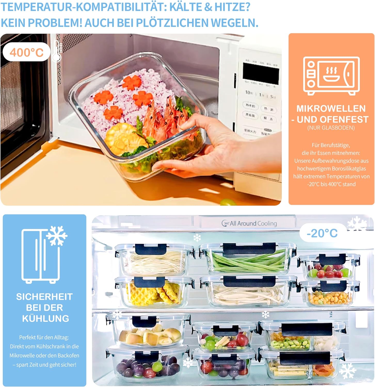 ERUIV Meal Prep Boxen Glas, (4 Behälter + 4 Deckel) Meal Prep Glas 1520 ml, Frischhaltedosen Glas, Gefrierbehälter Set mit Dampfventil, Glasdose transparent mit Deckel, BPA-freies Vorratsdose Glas – Bild 4