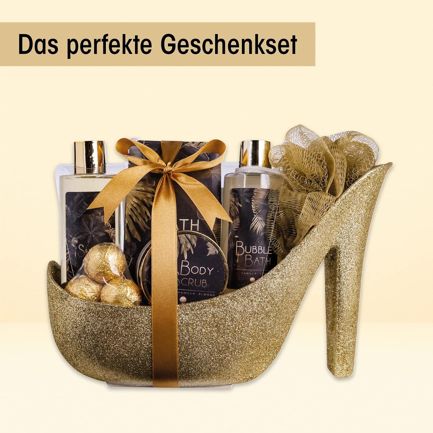 Accentra Luxus-Badeset für Damen, Geschenkset in Glitzerpumpe, 200 ml Duschgel, 200 ml Schaumbad, 200 g Badesalz, 90 ml Körperpeeling, 3 x 15 g Badebomben, Geburtstags- und Muttertagsgeschenk – Bild 2
