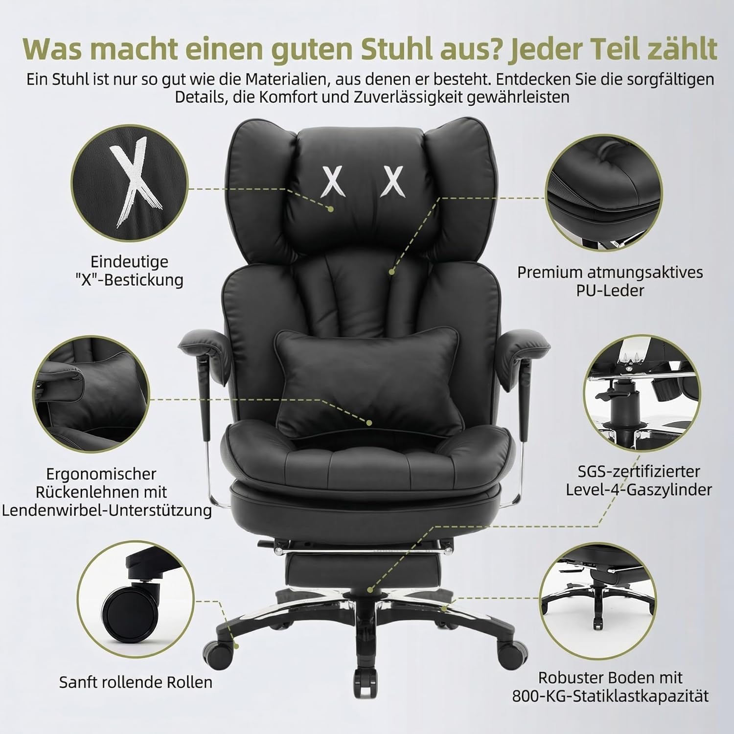 Efomao Bürostuhl, Ergonomischer Gaming-Stuhl mit Kopfstützen-Design (XX), Gamer-Stuhl PU-Leder bis 200 kg mit Fußstütze und Lendenkissen, höhenverstellbarer Schreibtischstuhl – Bild 7