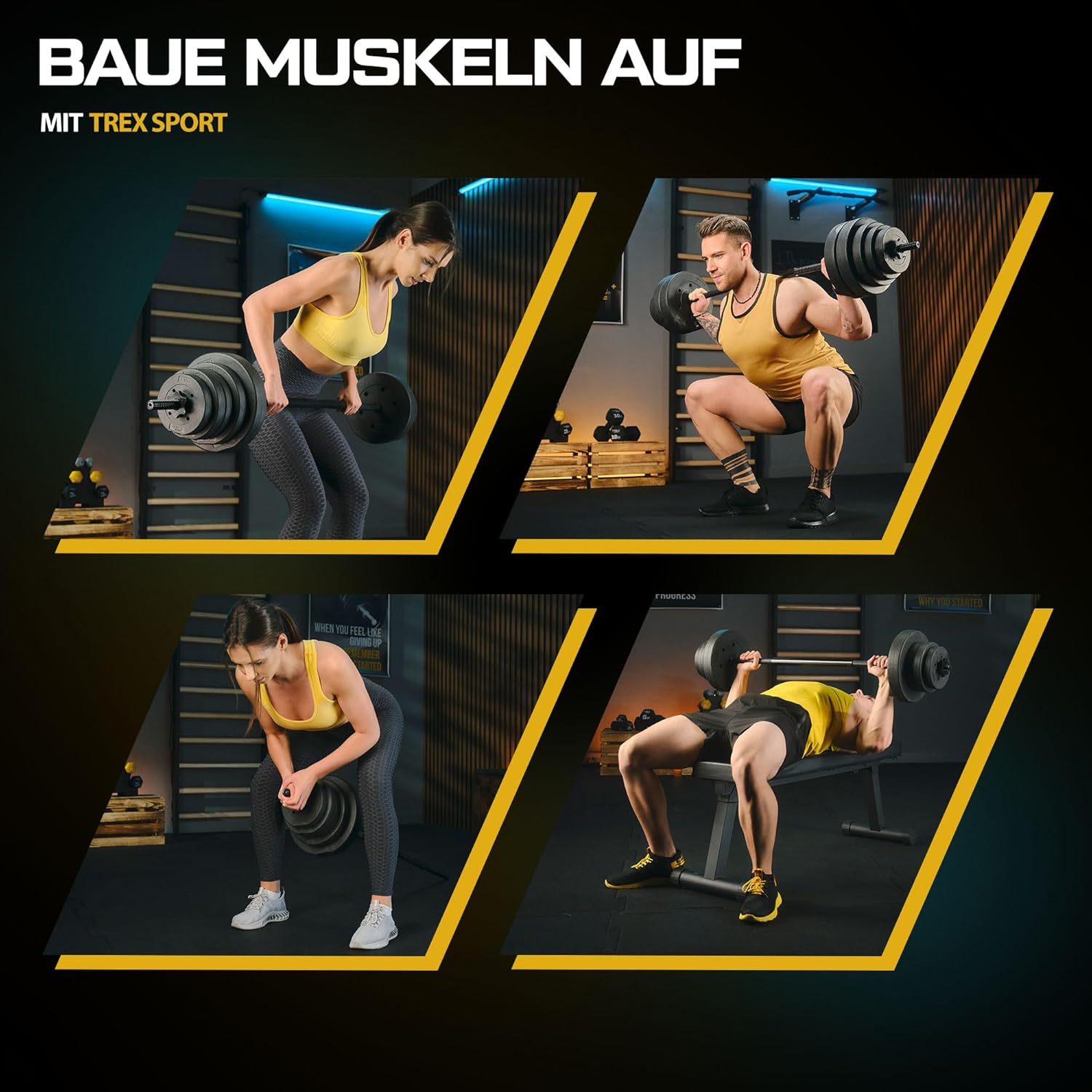 TREX SPORT Langhantelset 28 kg | Hantelset mit Langhantelstange 150 cm aus Stahl und 12 Hantelscheiben aus Kunststoff in Schwarz mit mattem Finish | Für das Krafttraining zu Hause – Bild 6