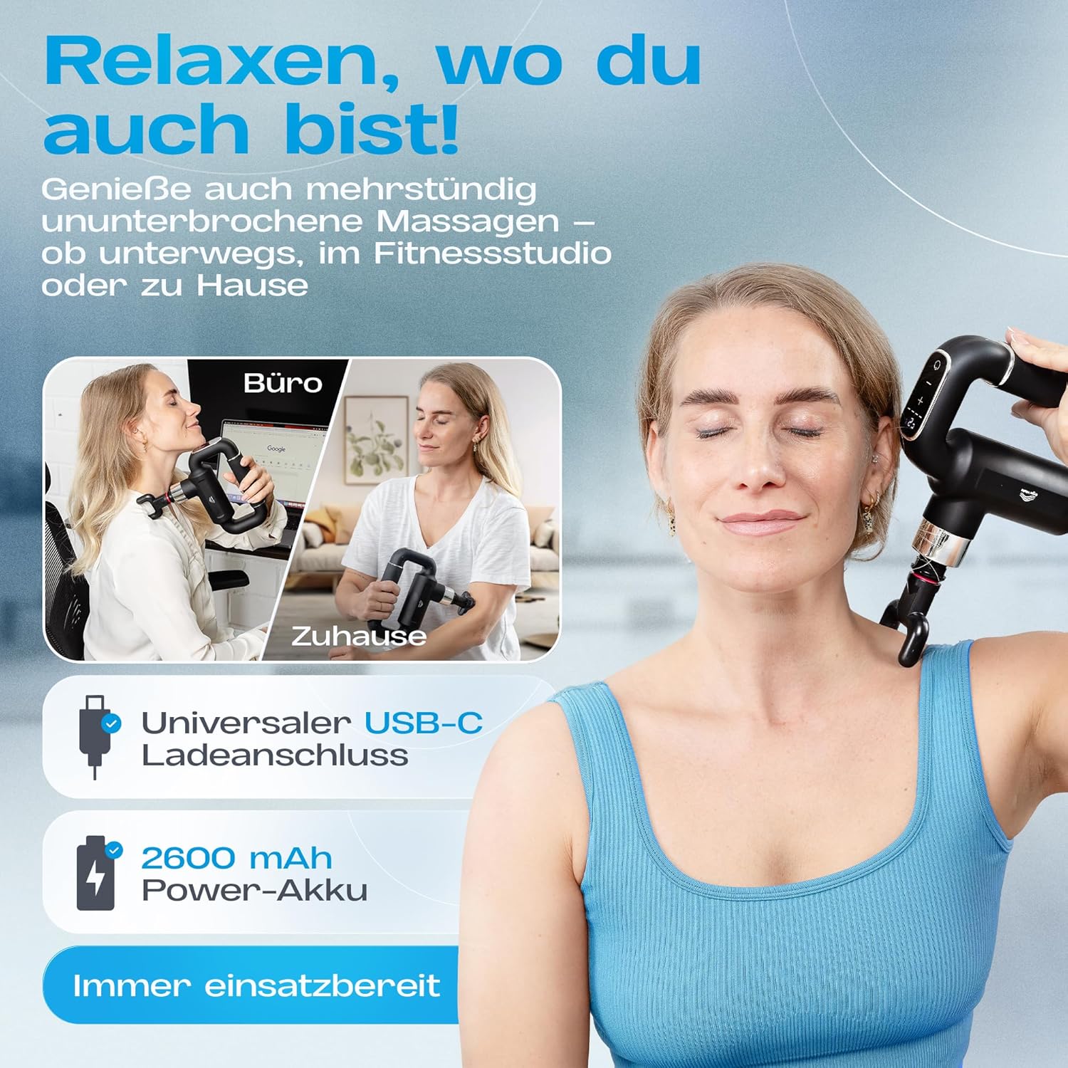 Massagepistole mit Riemen – Massagepistole mit Kühlkopf und Tragetasche | 6 Ebenen, 5 Aufsätze, LCD-Touchscreen und USB-C | Muskelpistole, Rückenmassagegerät, Stoßwellentherapiegeräte, Faszienpistole – Bild 5