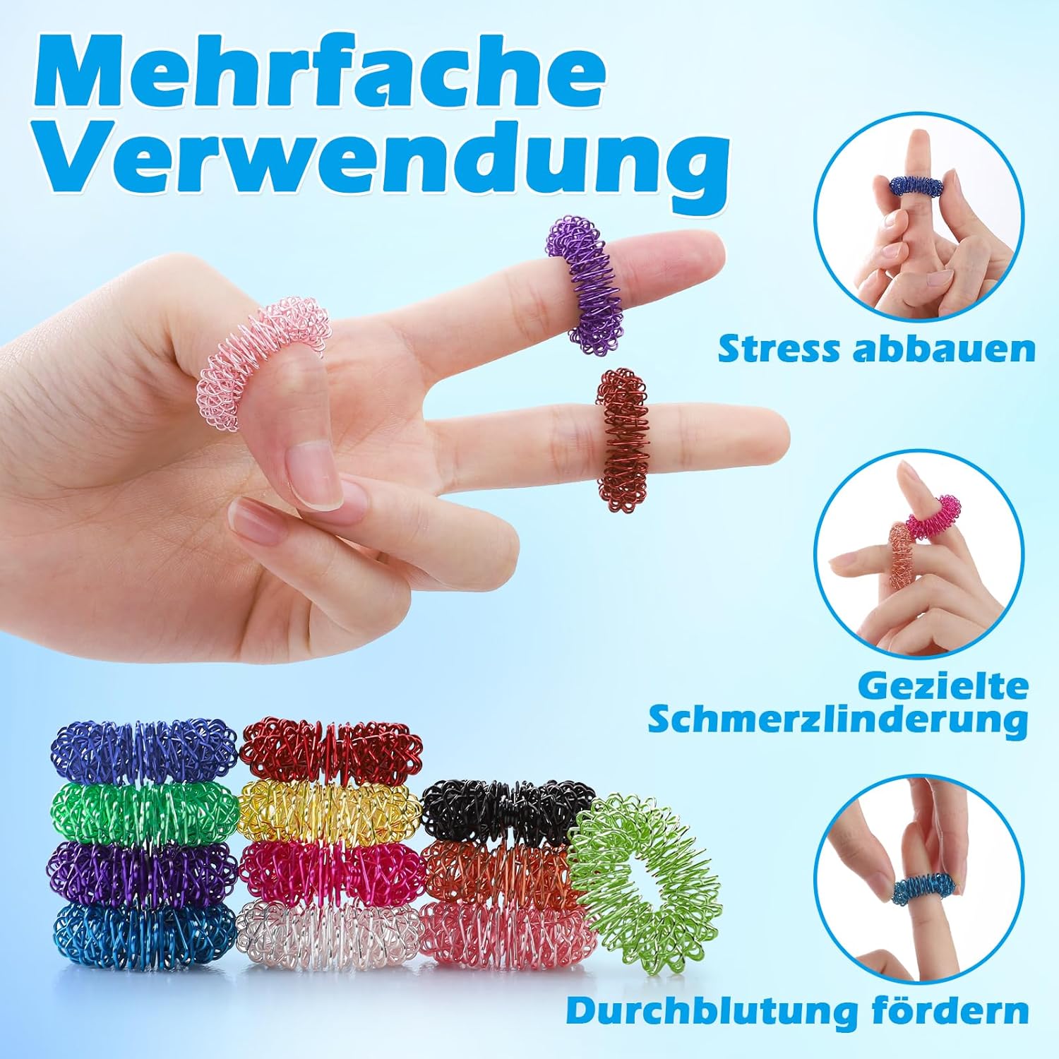 Akupressurring, 12-teiliges Fingermassagering-Set zum Stressabbau, Entspannung und Förderung der Durchblutung, 27 mm, Massagefinger, Zappelring für Erwachsene und Kinder (Farbe) – Bild 2