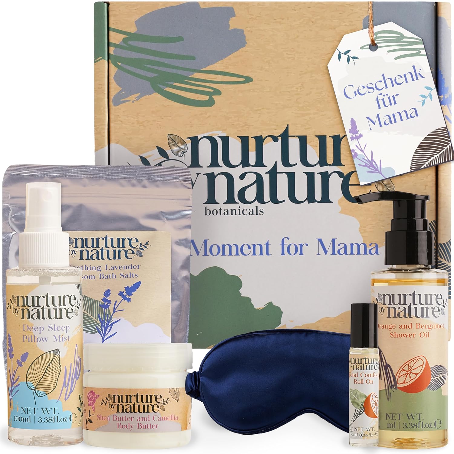 Nurture by Nature Wellness-Geschenkset für Frauen – 6-teiliges Bade- und Beauty-Set mit Körperbutter, Duschöl, Kissenspray, Badesalz und Schlafmaske – ideal für Weihnachten, Muttertag und Geburtstage