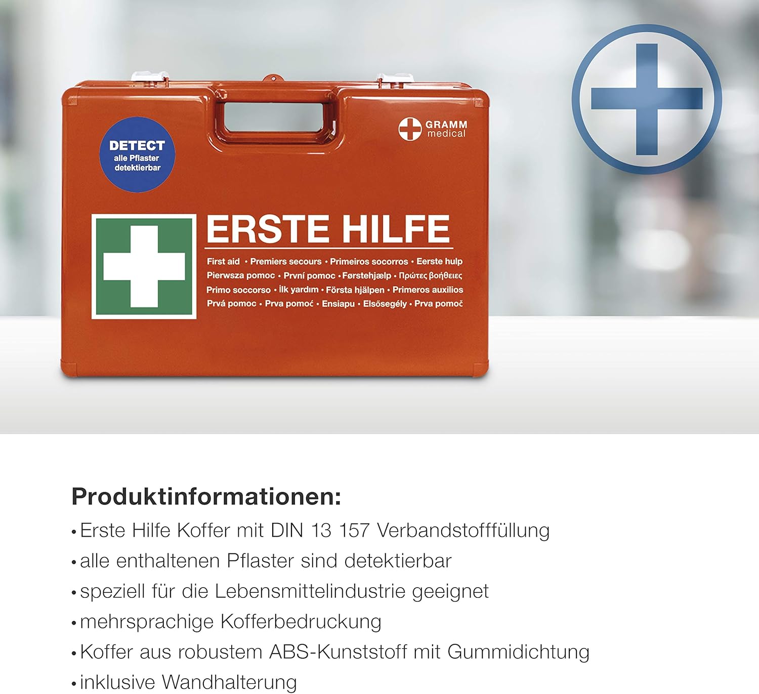 ACTIOMEDIC mobiler und stationärer Erste-Hilfe-Kasten mit Wandhalterung zur Aufbewahrung, DOMINO DIN 13157:2021 I hypoallergene Pflaster, mehrsprachig, Sehhilfen, orange, 28 x 12 x 20 cm – Bild 4