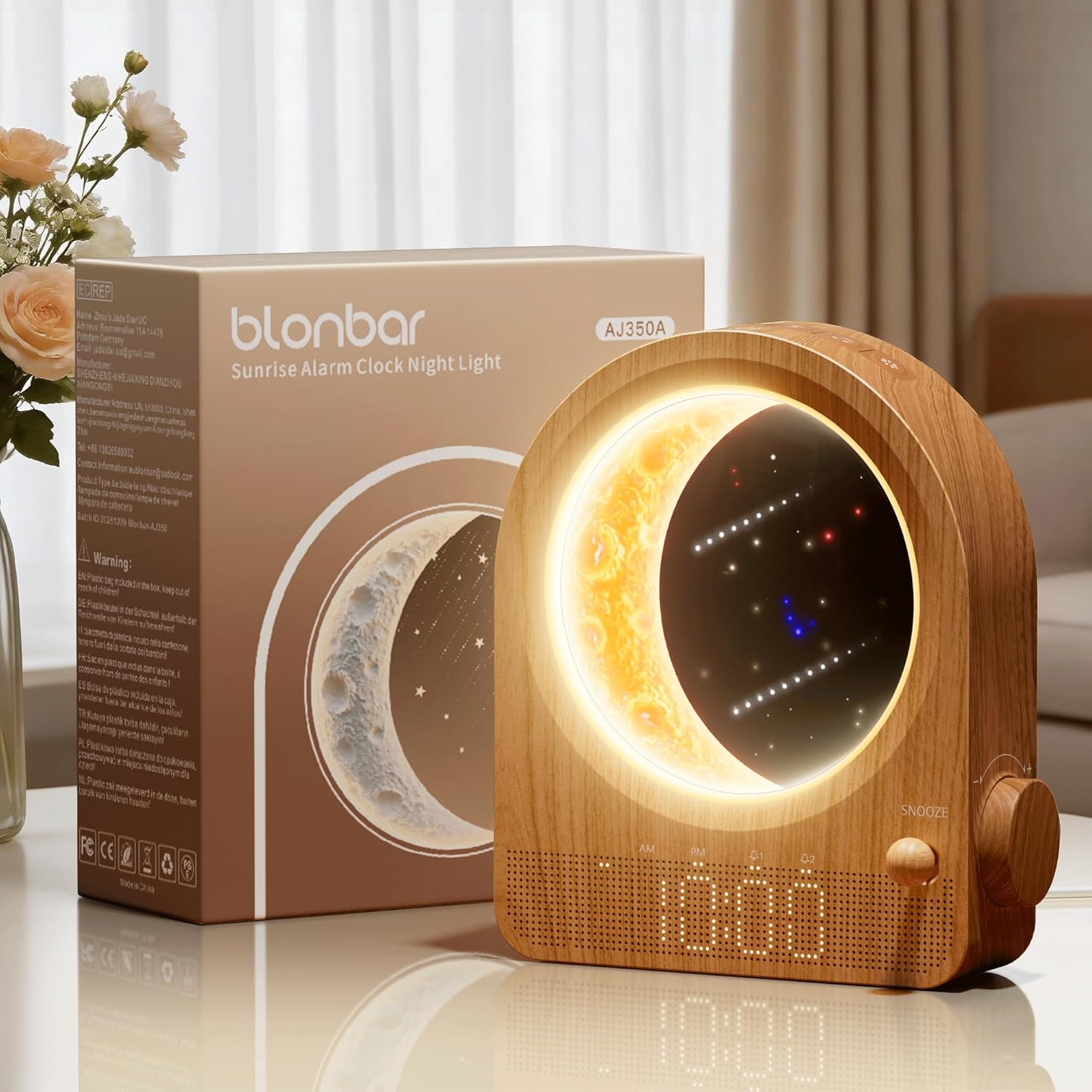blonbar Wecker & Mondlampe, Nachttischlampe mit Lichtwecker, Tageslichtwecker, Nachtlicht mit 3 Helligkeitsstufen, 10 Naturgeräuschen, ideal für Schlafzimmer