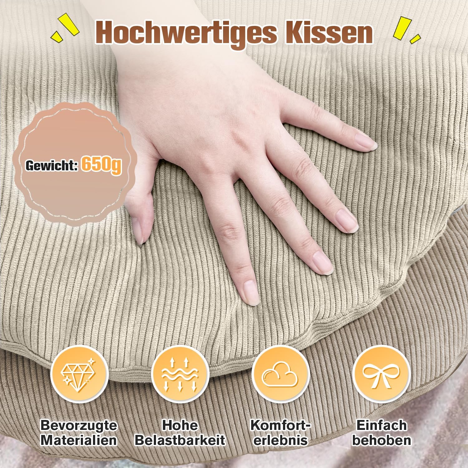 Sitzkissen rund, 40 cm, Dicke 6 cm, 1 Stück, Bodenkissen, rundes Sitzkissen, Stuhlkissen, Sitzkissen, Stuhlkissen, Kissen für Wohnzimmer, Büro, Konferenzraum, Cordstoff (weiß) – Bild 3