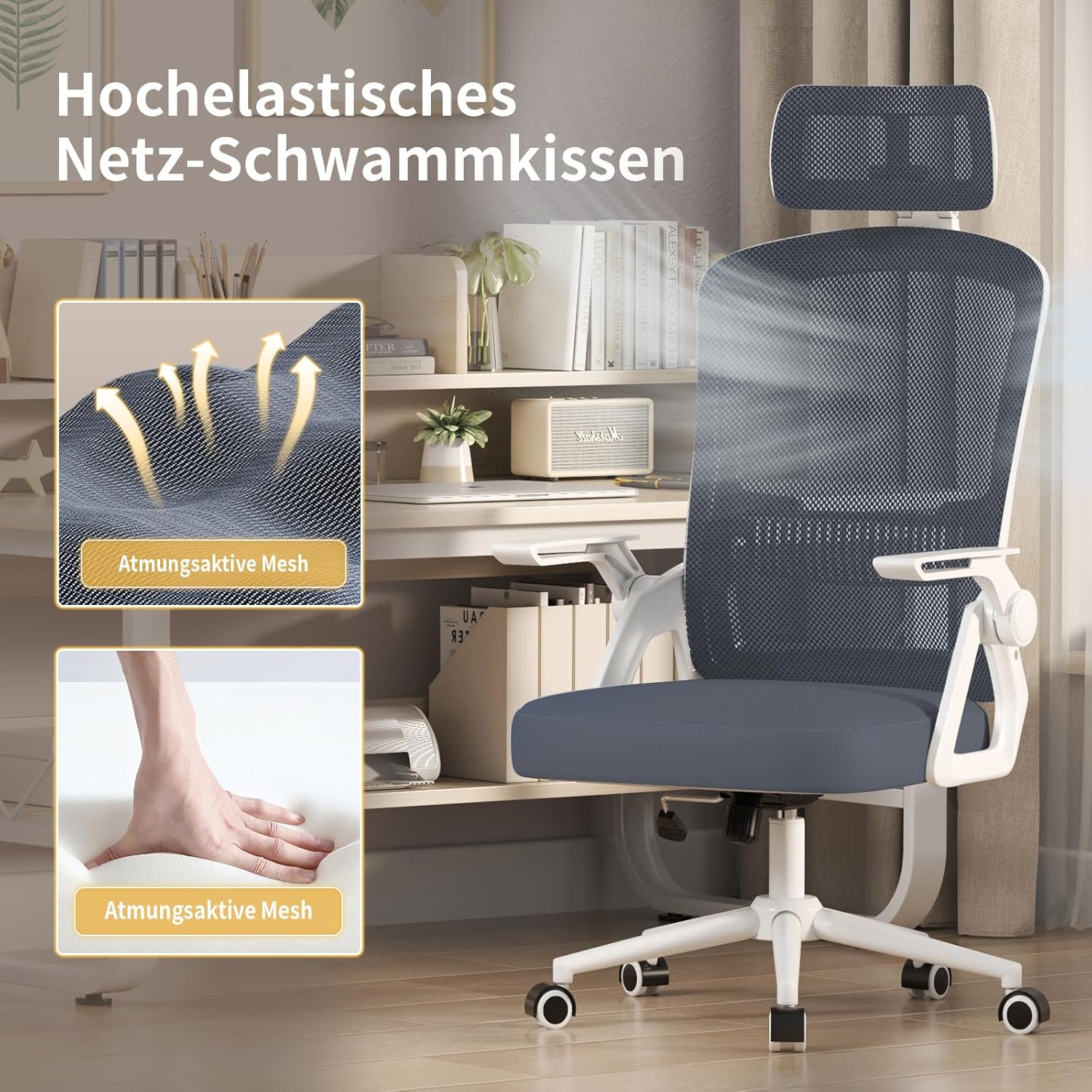 naspaluro Ergonomischer Bürostuhl mit verstellbaren Armlehnen, Schreibtischstuhl mit Kopfstütze, atmungsaktiver Netzbezug, Lordosenstütze, Höhenverstellung, Computerstuhl, 360°-Drehstuhl, hellgrau – Bild 3