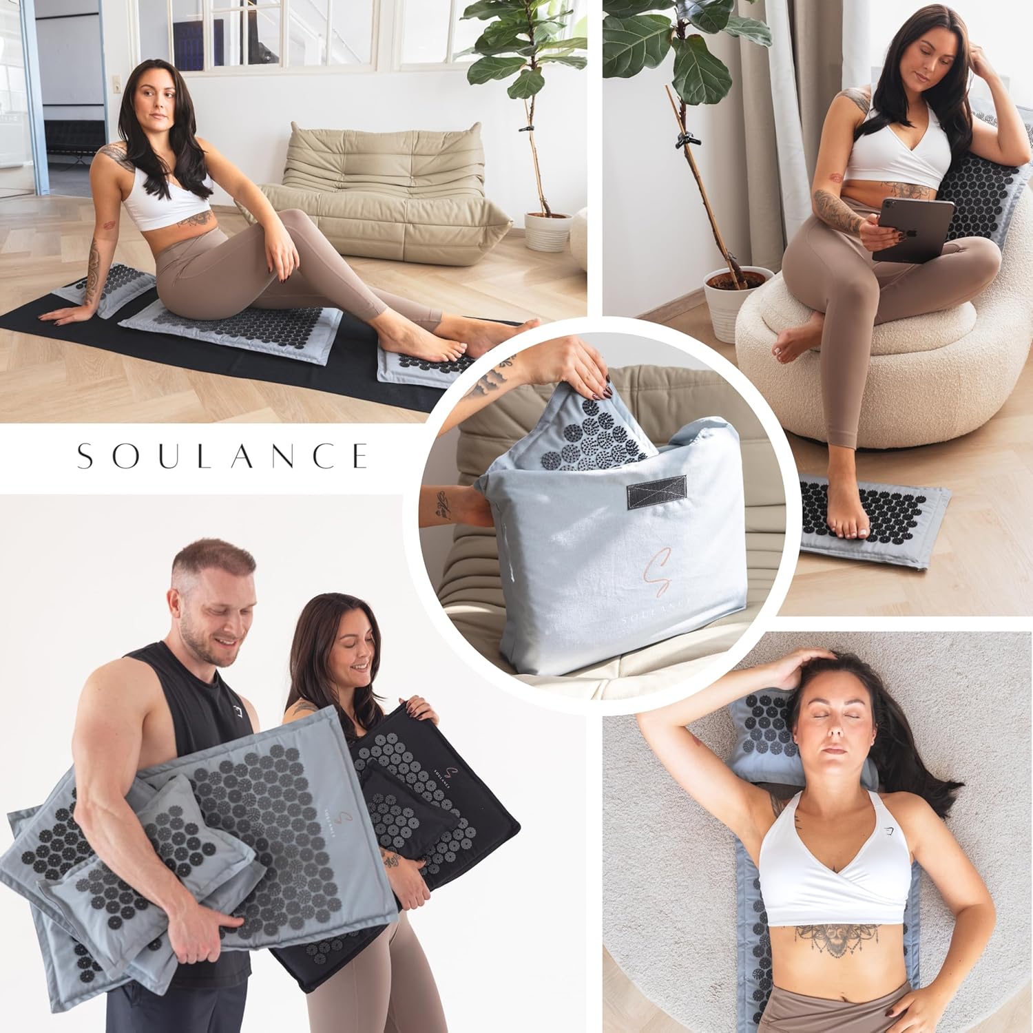 Akupressurmatte mit Kissen 6-in-1 Premium-Set (inkl. Yogatuch) & Tragetasche, Kokosfaserfüllung – Massagematte, Akupunkturmatte gegen Nacken- und Rückenschmerzen (Eisgrau, XXL-Set) – Bild 9