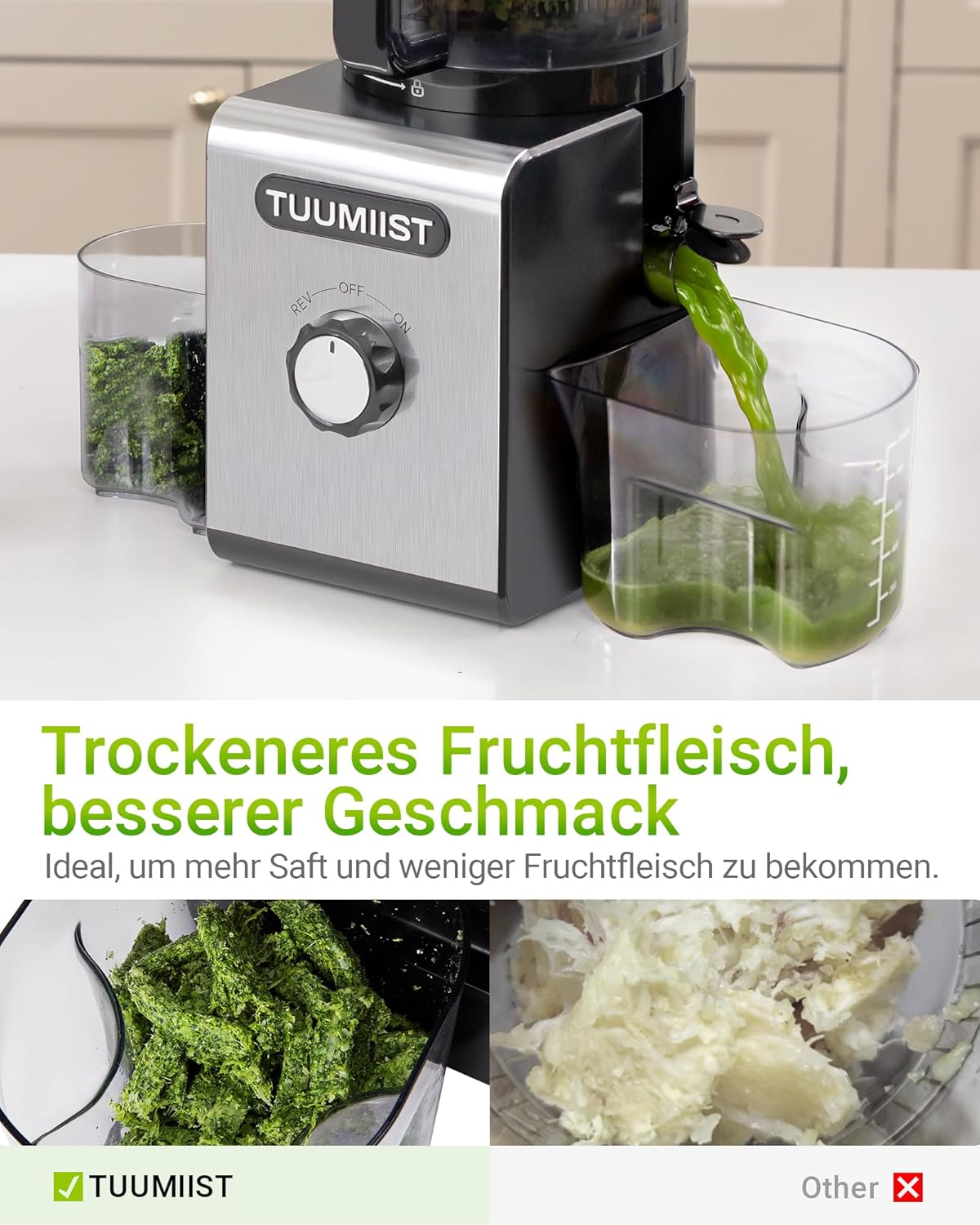 TUUMIIST Slow Juicer mit 150 mm extra großem Einfüllschacht, Entsafter Gemüse und Obst, Testsieger, anwendbarer Entsafter für ganzes Obst und Gemüse, BPA-frei, glänzendes Schwarz – Bild 4