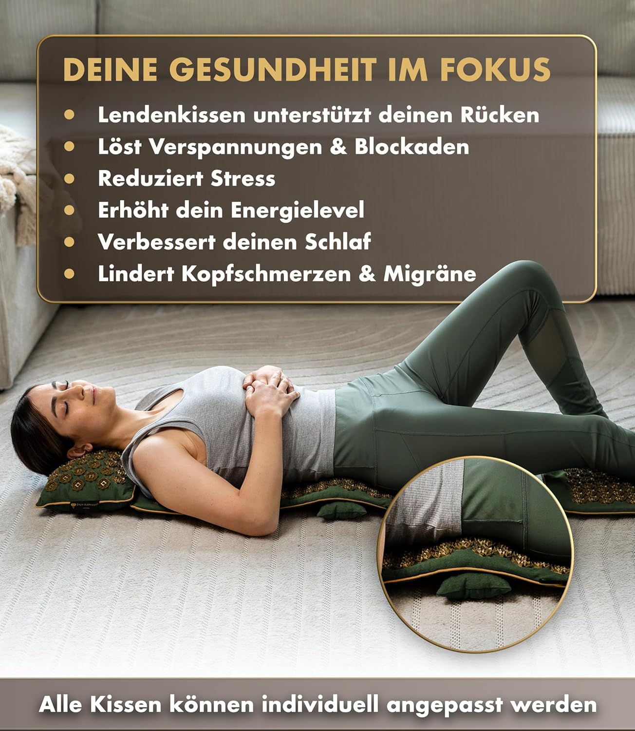 CALM ELEPHANT ORIGINAL Akupressurmatte mit Kissen XXL-Set, echte 5-teilige Massagematte, Rückenverspannungen lindern, Akupunkturmatte, Kissen mit Wärmefunktion, Lendenkissen, Fußmatte und Tasche, grün – Bild 2