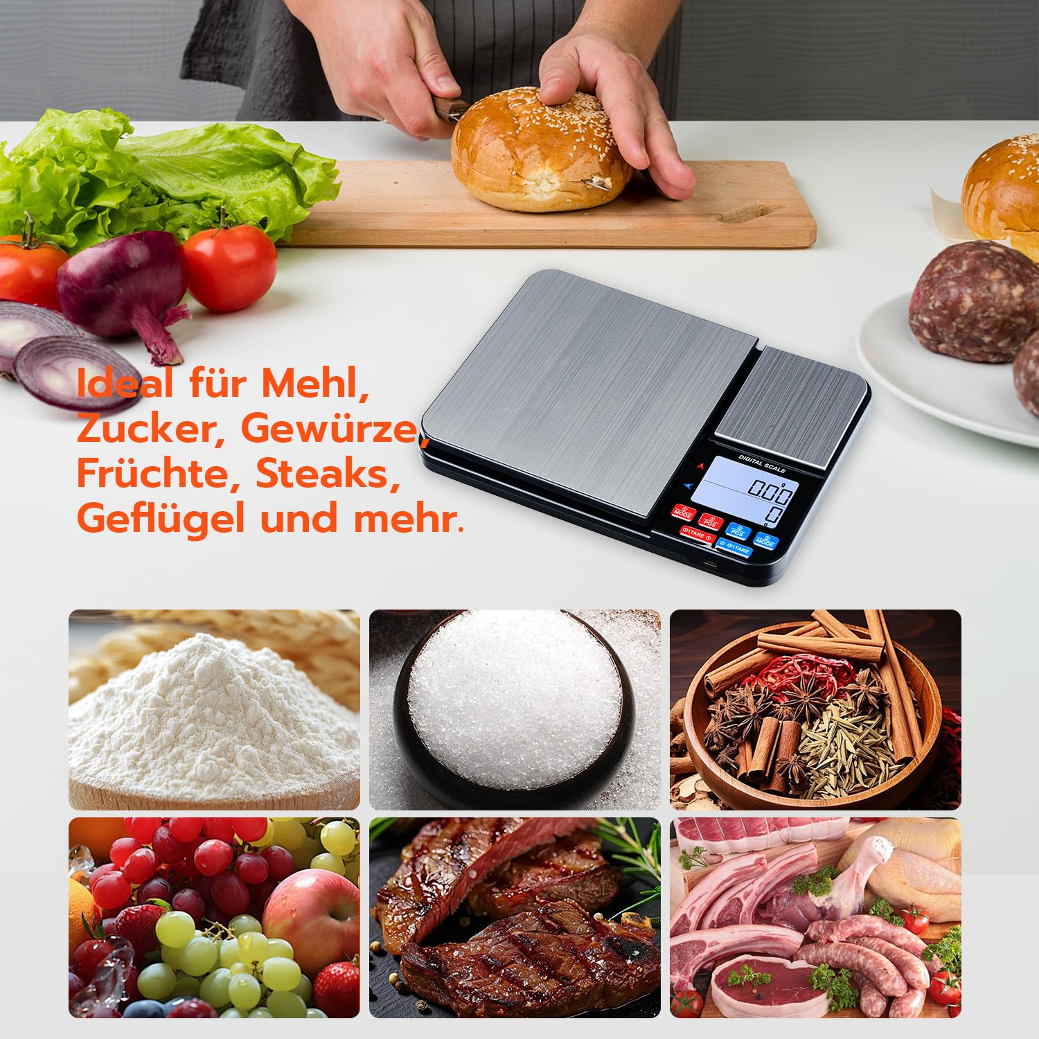 Wigearss Digitale Küchenwaage mit Doppelplattform, 10 kg/1 g und 500 g/0,01 g, Doppelfunktions-Küchenpräzisionswaage mit 7 Einheiten, Zähler, Tara-Funktion – Bild 8