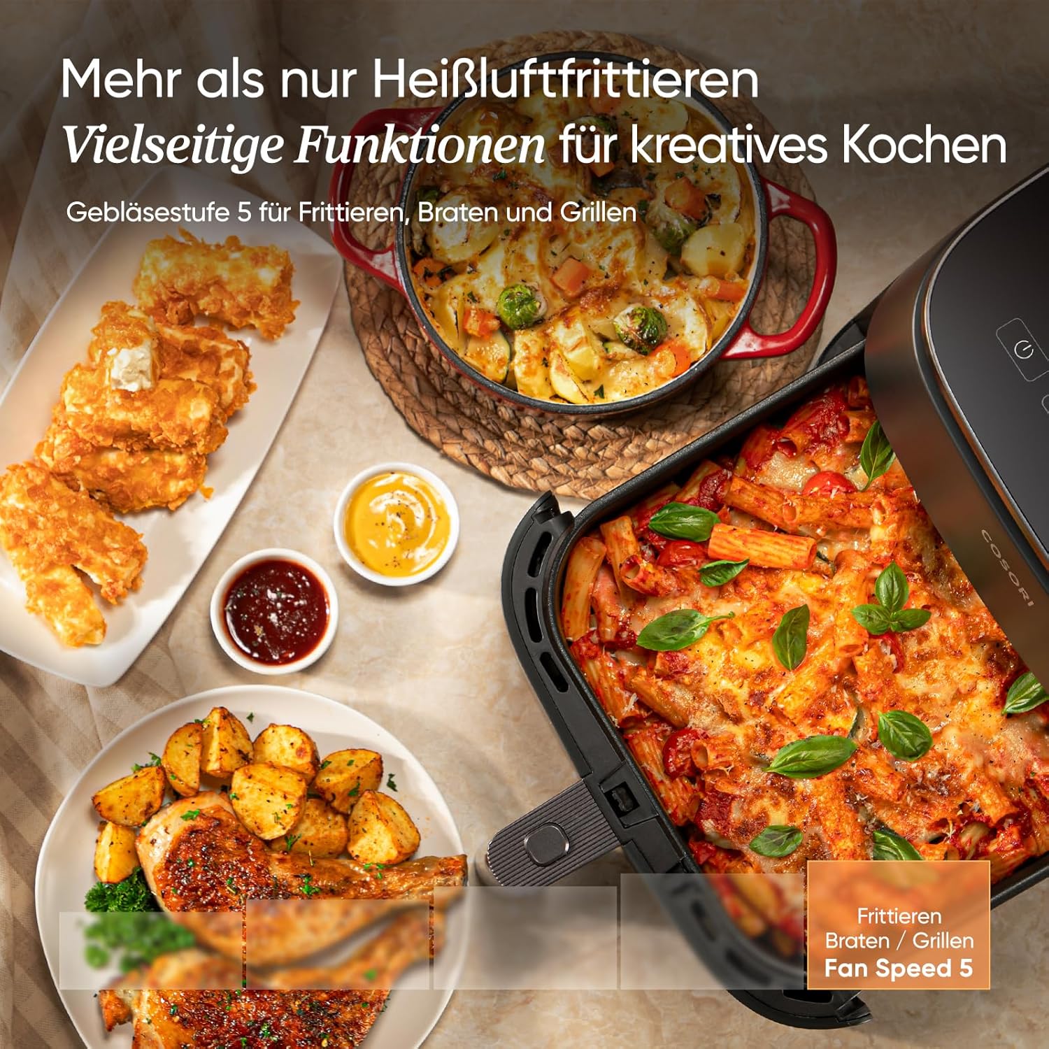 Cosori TurboBlaze Airfryer, 9-in-1-Luftfritteuse XXL 6L, leiser Gleichstrommotor mit 5 Lüftergeschwindigkeiten, Braten, Grillen, Backen, Garen, Dörren, Tiefkühlen, 87 Rezepte, 64 % Energieeinsparung, 95 % weniger Öl, gleichmäßige und knusprige Ergebnisse – Bild 5