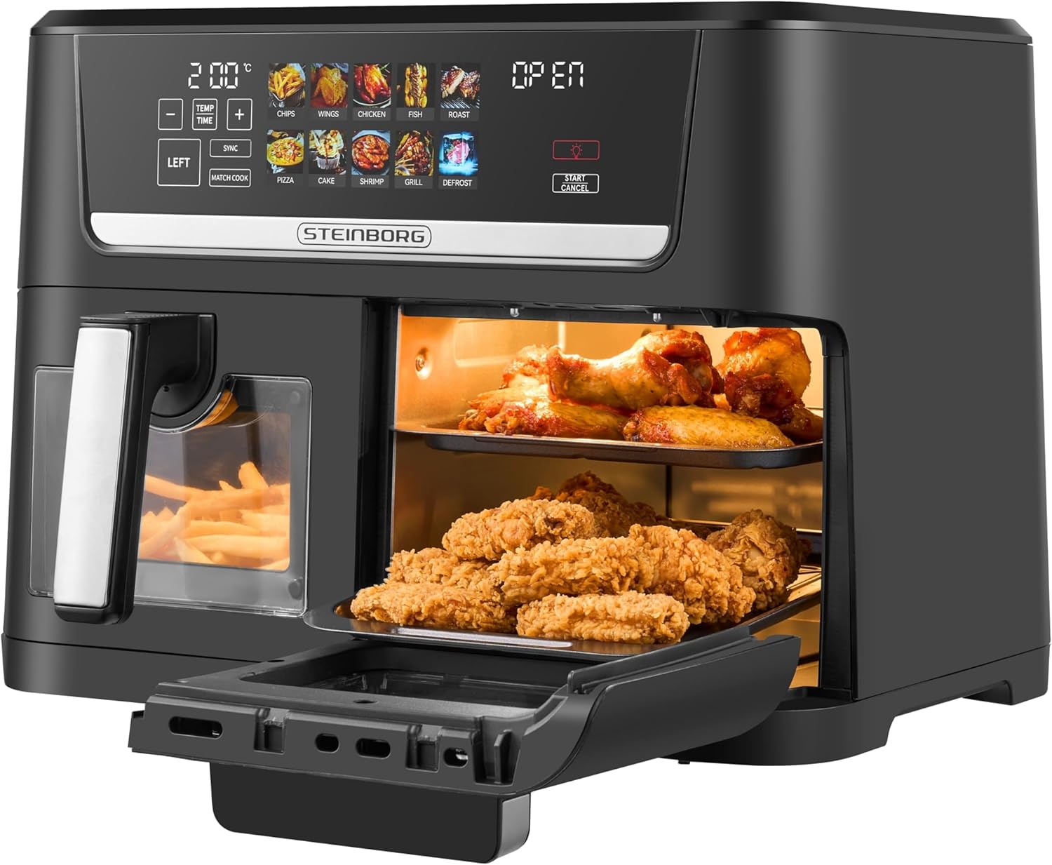 Steinborg® XXL Heißluftfritteuse, Dual-Zone, 14 Liter (8 l + 6 l), Luftfritteuse 1700 W mit 2 Kammern und 2 unabhängigen Kochzonen, Digitalanzeige, 10 Programme, 60–200 °C, Ölfrittierkorb, spülmaschinenfester Korb