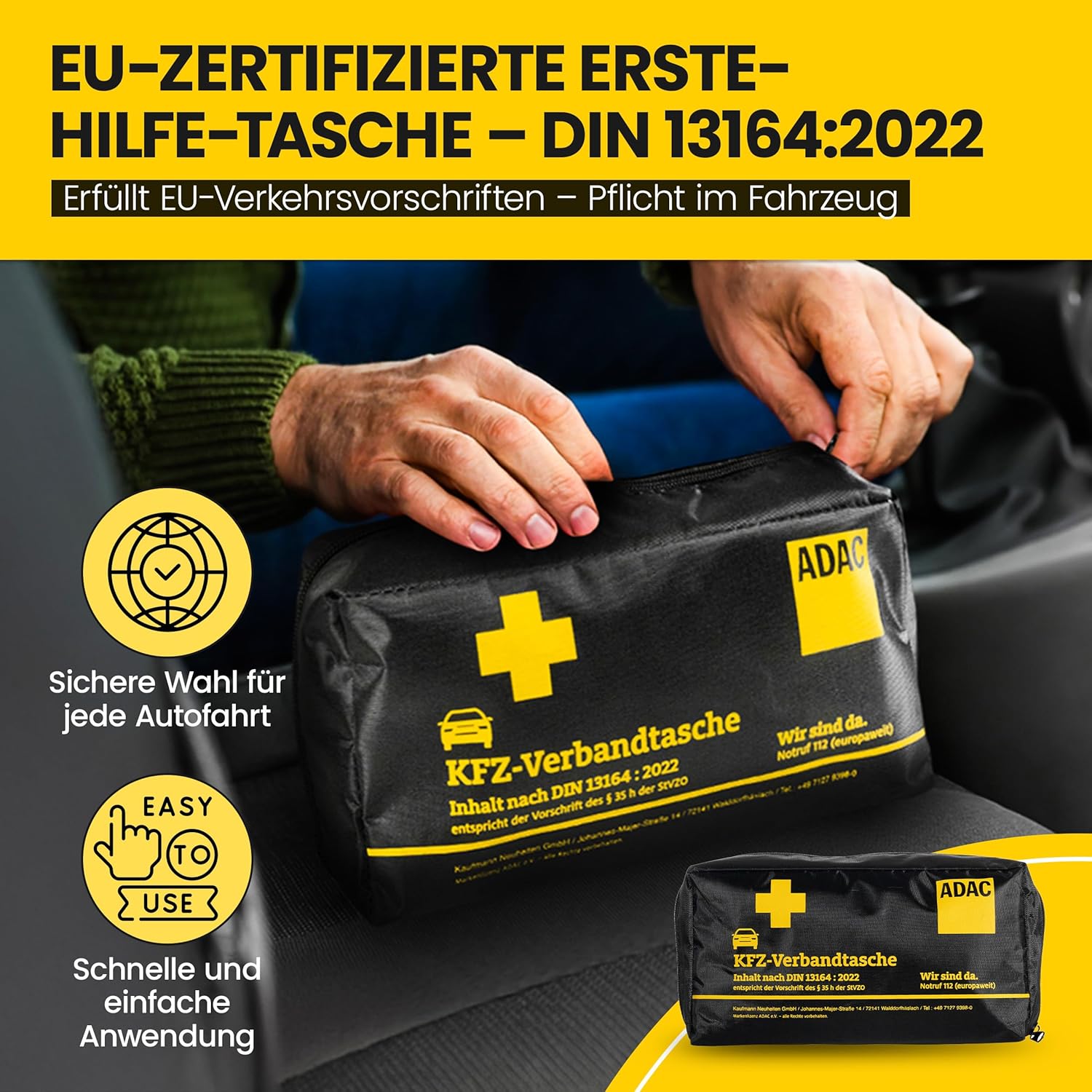 ADAC Erste-Hilfe-Set – Kfz-Verbandkasten 2025 StVZO-konform – Praktisches Erste-Hilfe-Set KFZ nach DIN 13164:2022 – Notfalltasche für PKW & LKW mit Masken – Kompakt & platzsparend – Bild 2