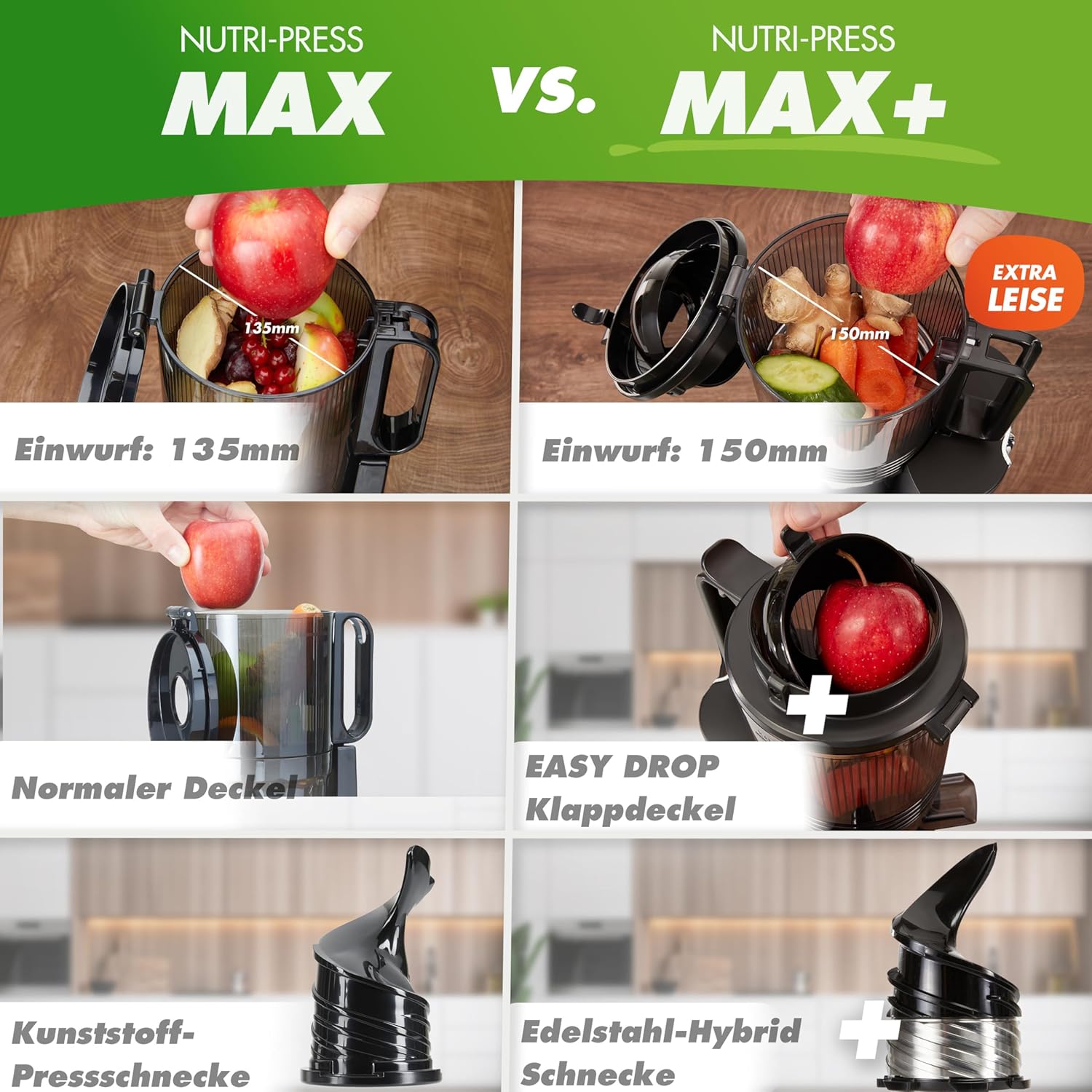 Nutrilovers Slow Juicer Nutri-Press Max Ganzfrucht-Entsafter mit XXL-150-mm-Öffnung, BPA-frei, inklusive Saftflasche, Slow-Juice-Rezeptbuch – Bild 9