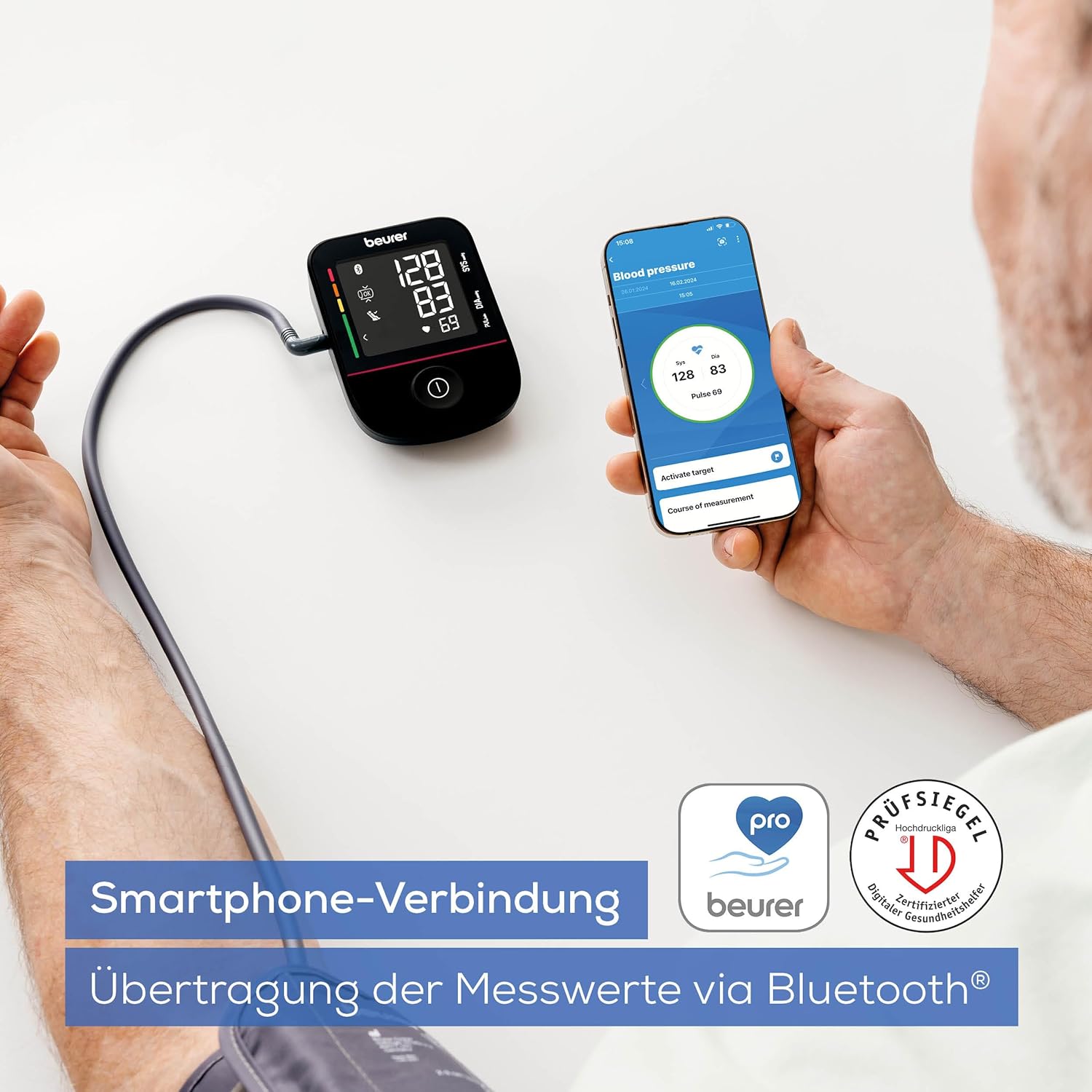 Beurer BM 48 Oberarm-Blutdruckmessgerät, einfache Ein-Knopf-Bedienung, schonende & schnelle Messung, Arrhythmie-Erkennung, Manschette, mit App, Datenübertragung an Apple Health und Co., schwarz – Bild 4