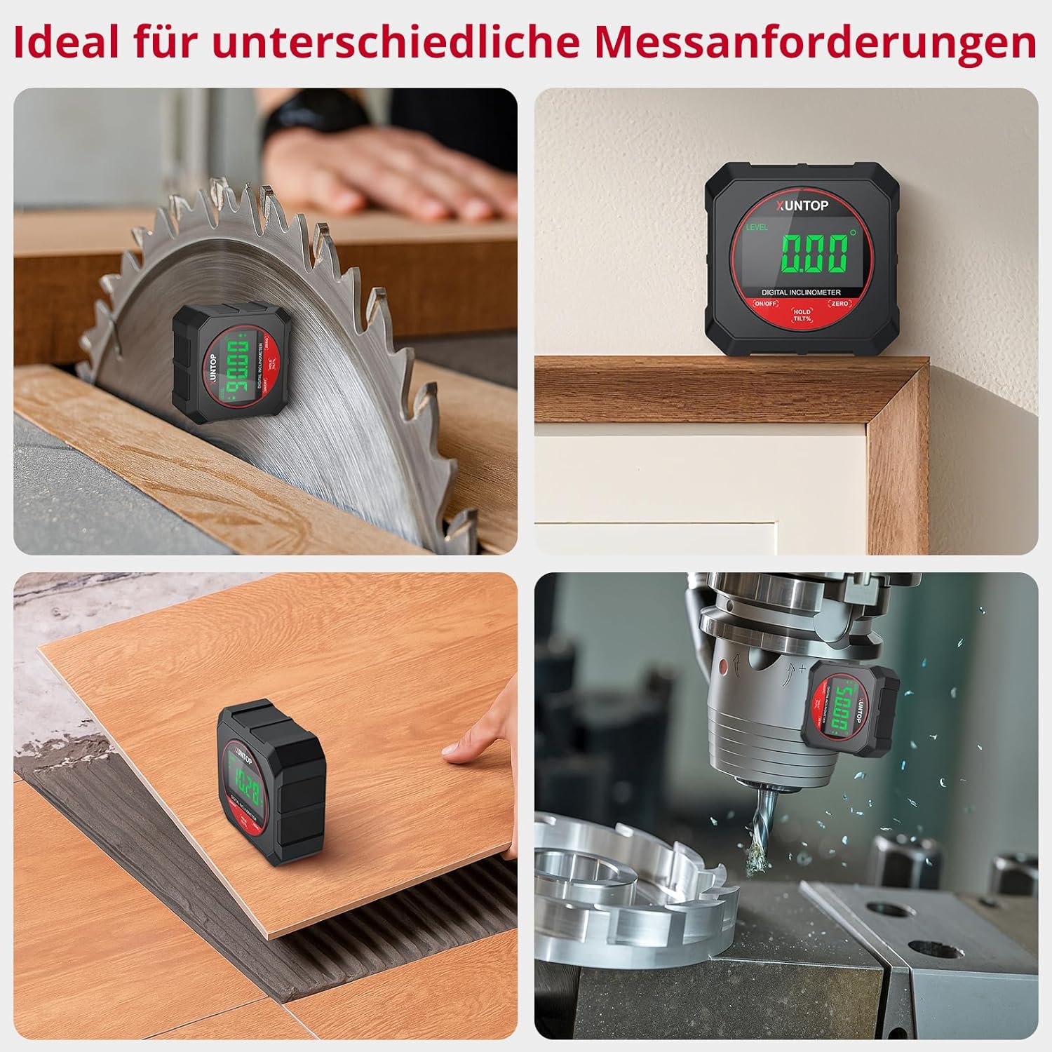 XUNTOP Neigungsmesser Digitaler Winkelmesser Neigungsmesser Messbereich 4 x 90°, 0,05° Auflösung mit Magnetfuß für Holzbearbeitung, Werkstätten, Außenbereich – Bild 7