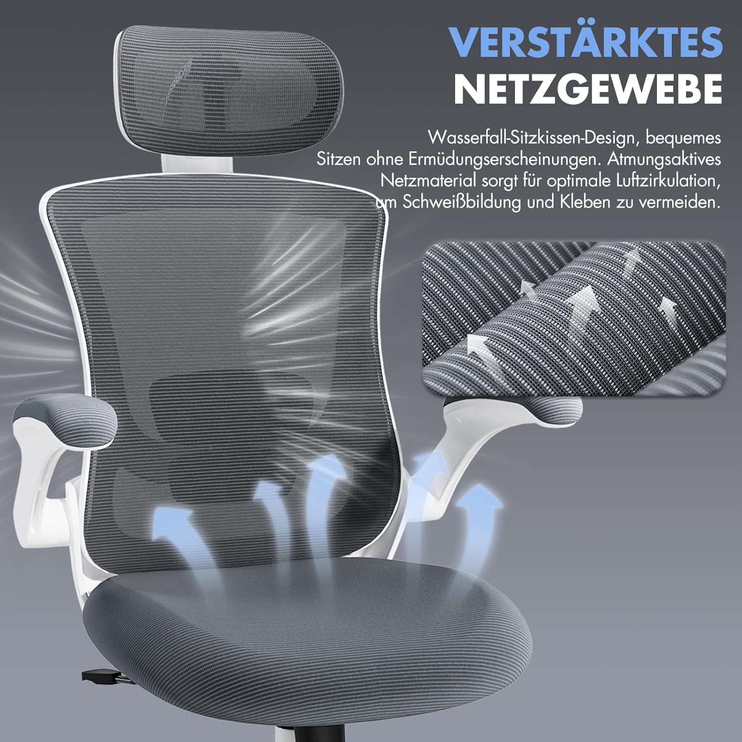 COLAMY Bürostuhl, Netz-Computerstuhl mit verstellbarer Kopfstütze und Lordosenstütze, ergonomischer Arbeitsstuhl mit hochklappbarer Armlehne, 140°-Wippfunktion, Grau – Bild 8