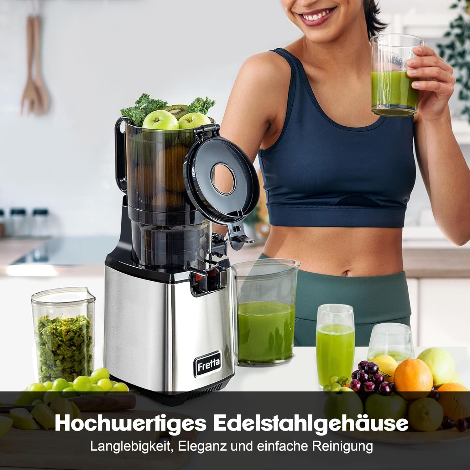 Fretta Juicer Slow Juicer, Edelstahl-Entsafter Gemüse und Obst Testsieger, 135 mm Öffnung und 1,8 l Entsafter-Maschine mit Umkehrfunktion, einfache Installation, leicht zu reinigen, 100 % BPA-frei, 250 W – Bild 6
