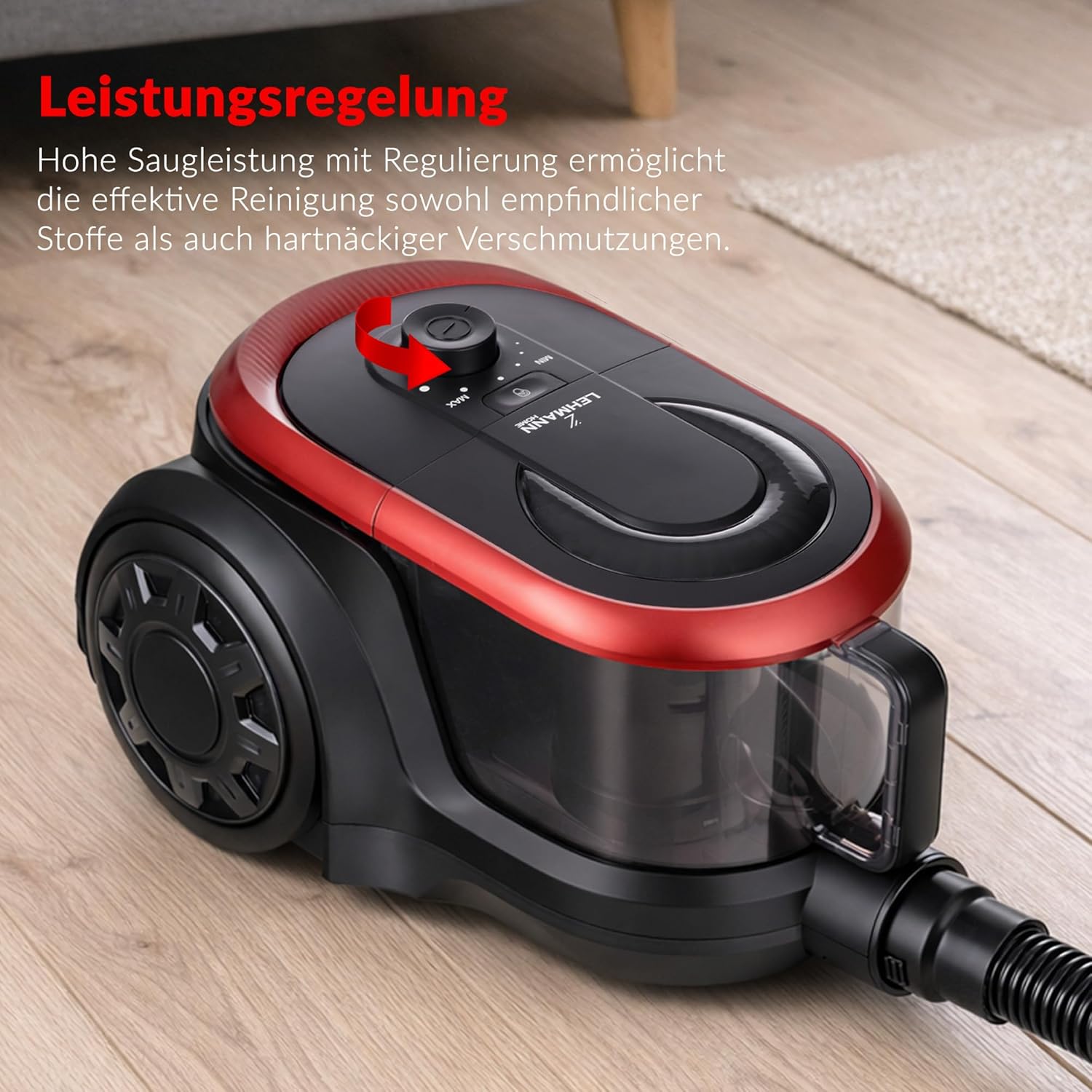 LEHMANN Cyclone Beutelloser Staubsauger, leistungsstark, doppelter HEPA-Filter für Allergiker, 2,5 L Staubbehälter, kompakt, Bodenstaubsauger für Teppich & Hartböden, inklusive Aufsatzset, schwarz/rot – Bild 6