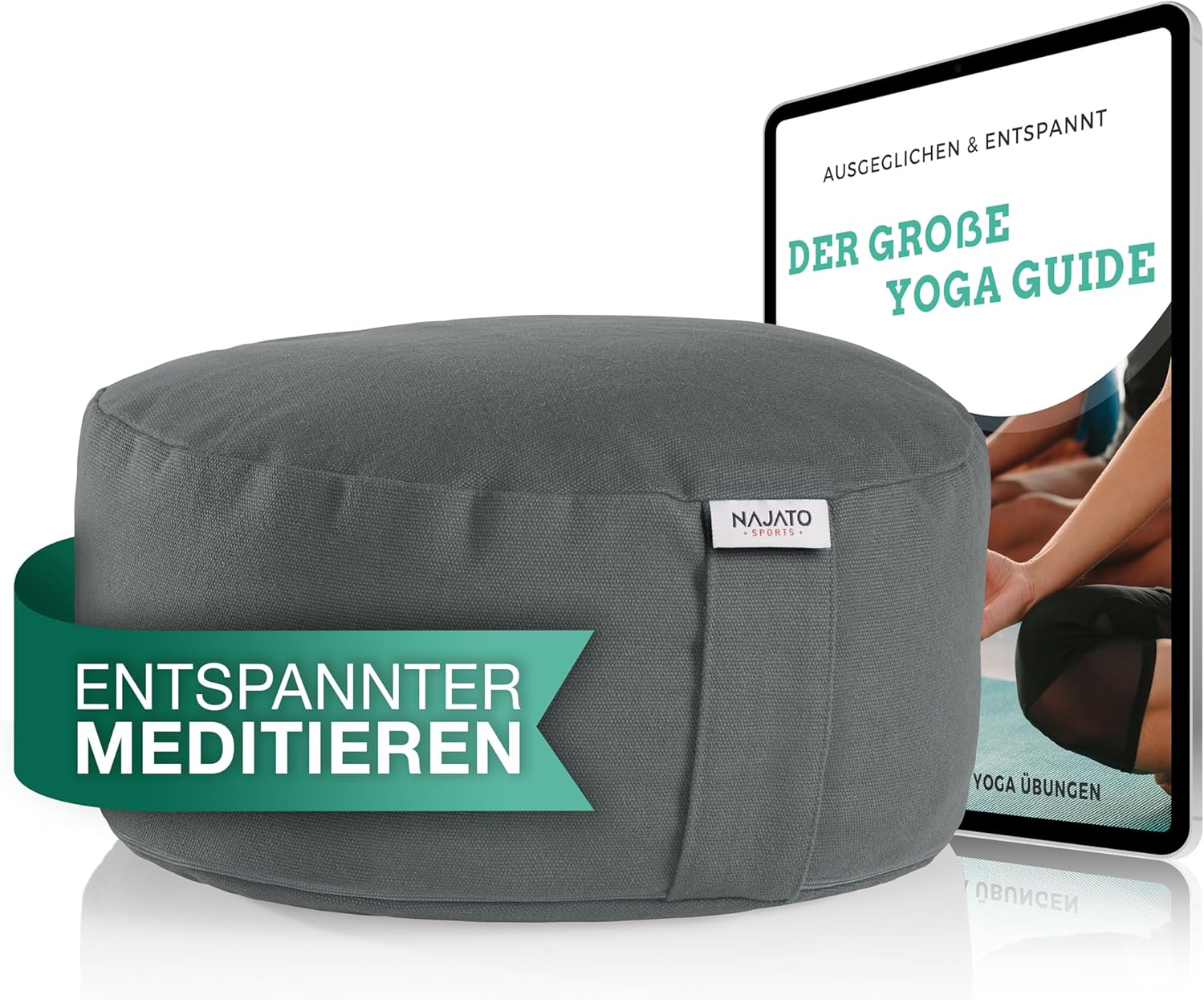 NAJATO Sports Meditationskissen – Yogakissen mit E-Book (PDF-Datei) – Rundes Yogakissen mit Buchweizenschalenfüllung – 30 cm Durchmesser, 14 cm hoch – waschbarer Baumwollbezug (Anthrazit)