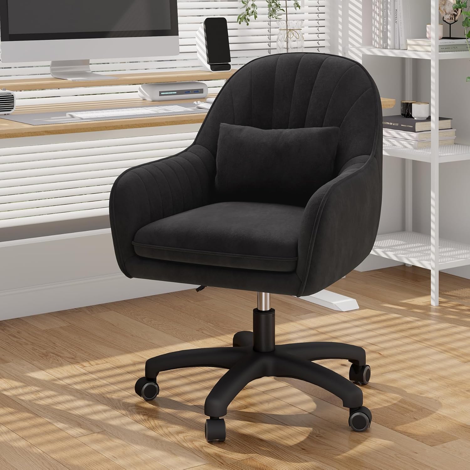 Home-Office-Stuhl, Samtstuhl mit Kissen, 360° drehbar, höhenverstellbarer Bürostuhl, ergonomisch, Schminkstuhl, Drehstuhl, für Arbeitszimmer, Schlafzimmer, maximale Belastung 120 kg, Schwarz – Bild 2