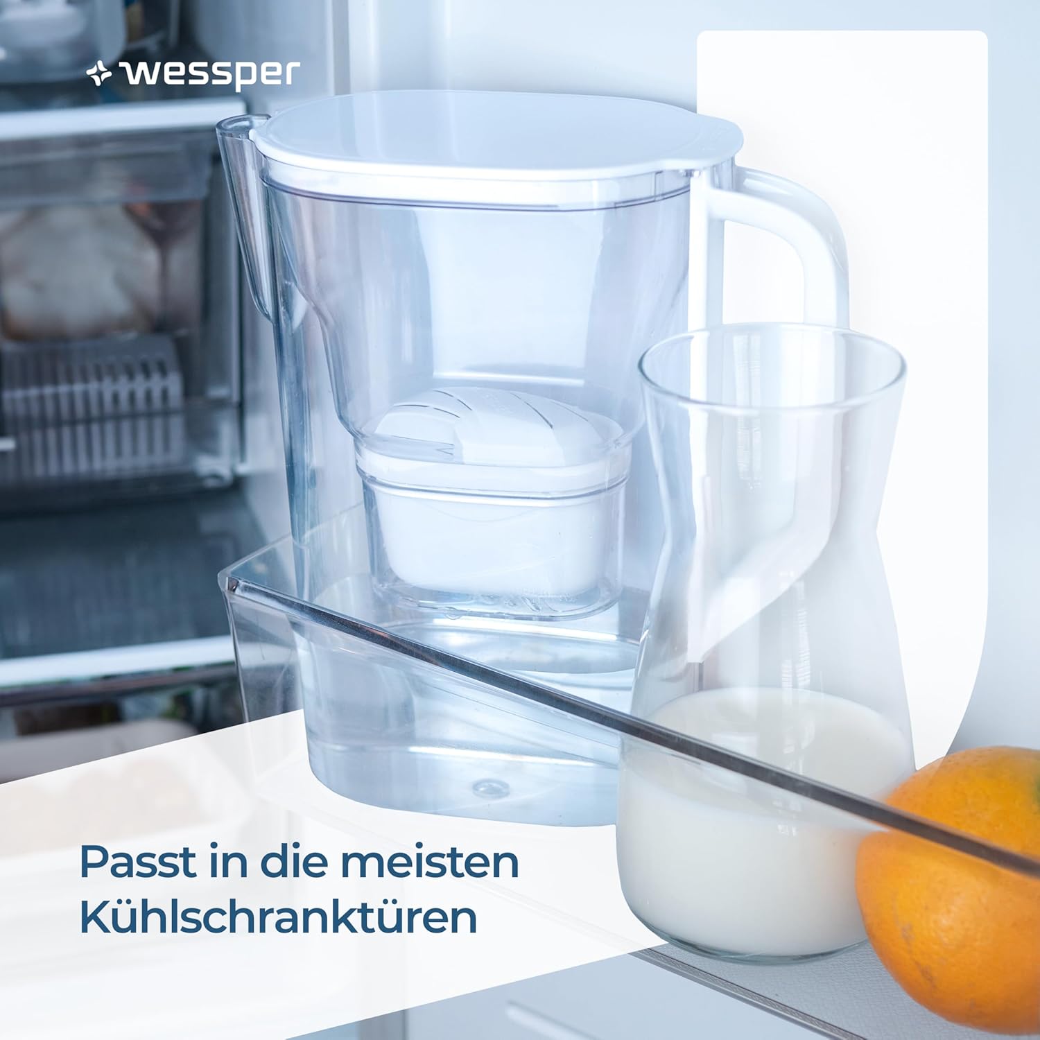 Wessper Wasserfilterkanne mit Filter, Kühlschranktürkanne 2,7 Liter, Filterkartuschen mit Aktivkohle und Ionenaustauschharz, Set Kanne und 6 Wasserfilter, Weiß – Bild 8