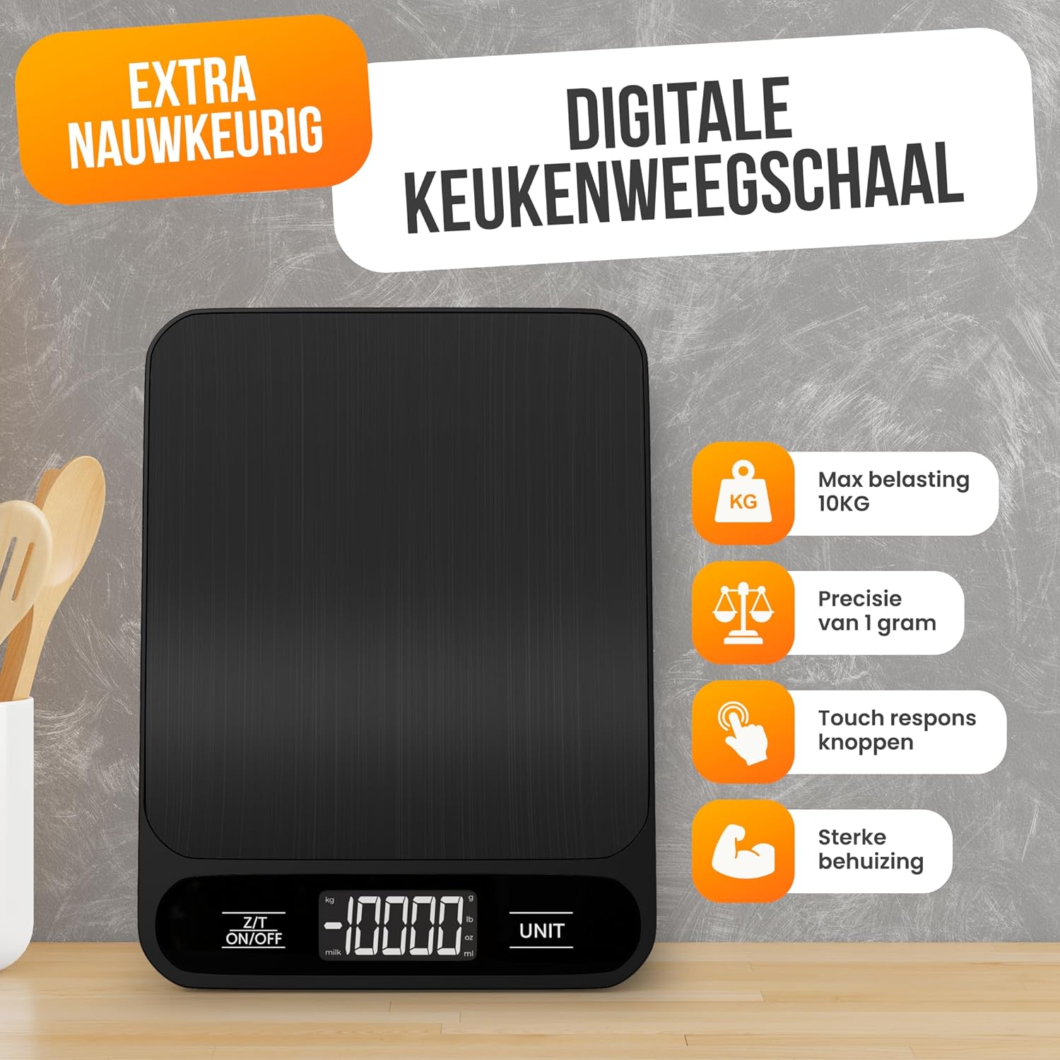 Strex Digitale Küchenwaage – 1 g bis 10 kg – Tarra-Funktion – inkl. Batterien – Schwarz – Bild 2
