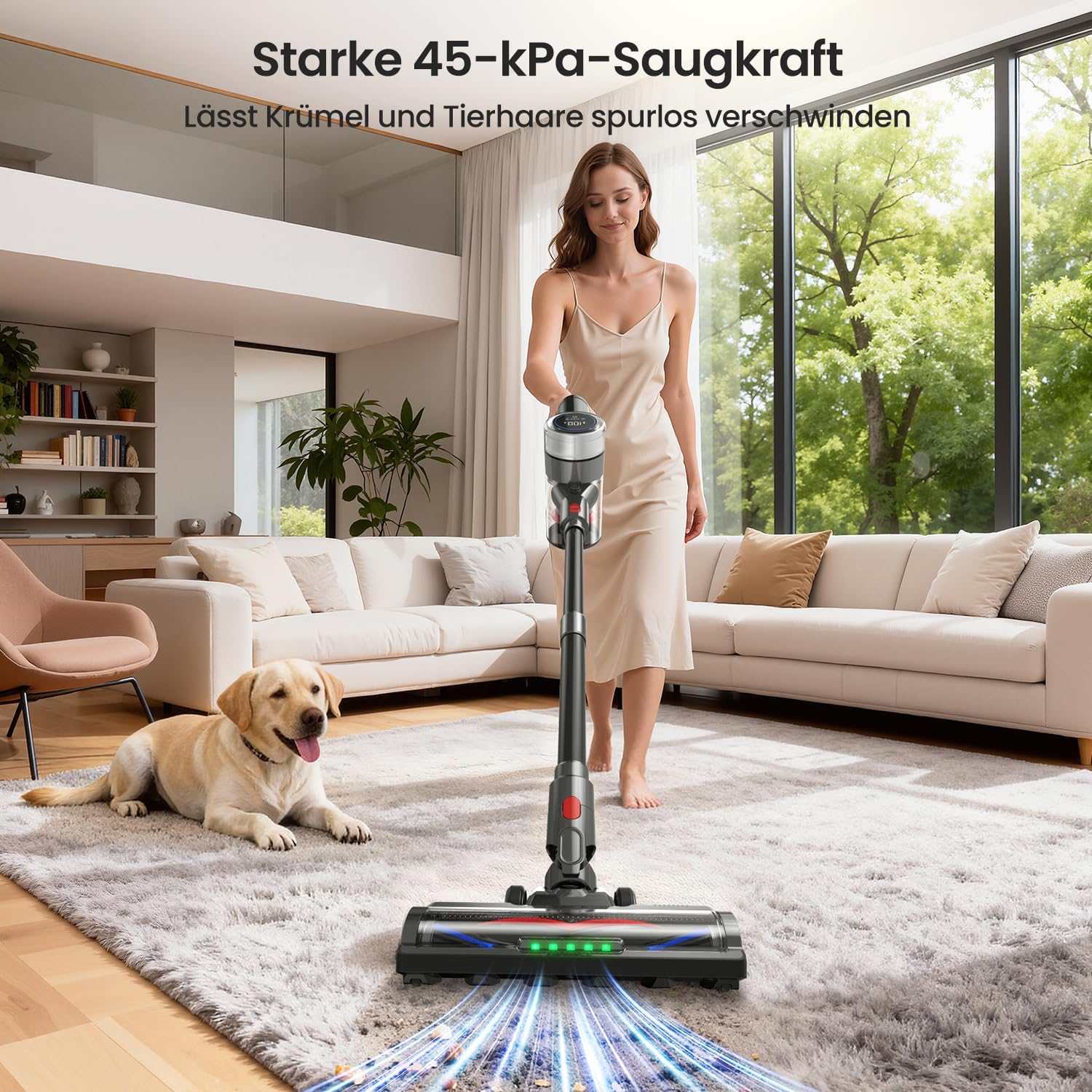 Xlife Akku-Staubsauger 550 W, 45000 Pa Saugleistung, 40 Minuten Laufzeit, Anti-Haar-Wickelbürste, grüner Staubsensor, HEPA-Filter, für Tierhaare, Teppich, Hartböden – P2 (Hellgrau) – Bild 2