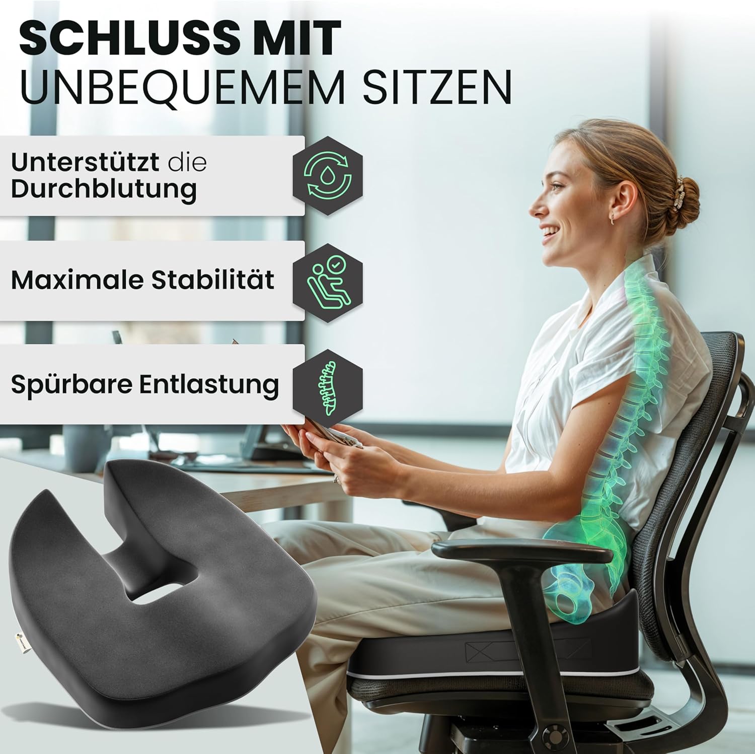 Orthopädisches Sitzkissen – ergonomisch, Memory-Schaum, entlastet Steißbein und Rücken, gebrauchsfertig – IGR-zertifiziert und Öko-Tex-zertifiziert, ideal für Büro, Auto, Reisen und Schwangerschaft – Bild 3