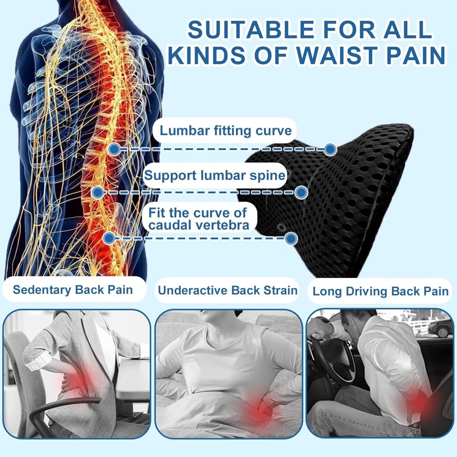 Ergonomisches Memory-Schaum-Lendenkissen, orthopädisches Rückenkissen für Bett, Bürostuhl und Auto, grau, mit Lordosenstütze und Steißbein-Entlastung (schwarz) – Bild 2