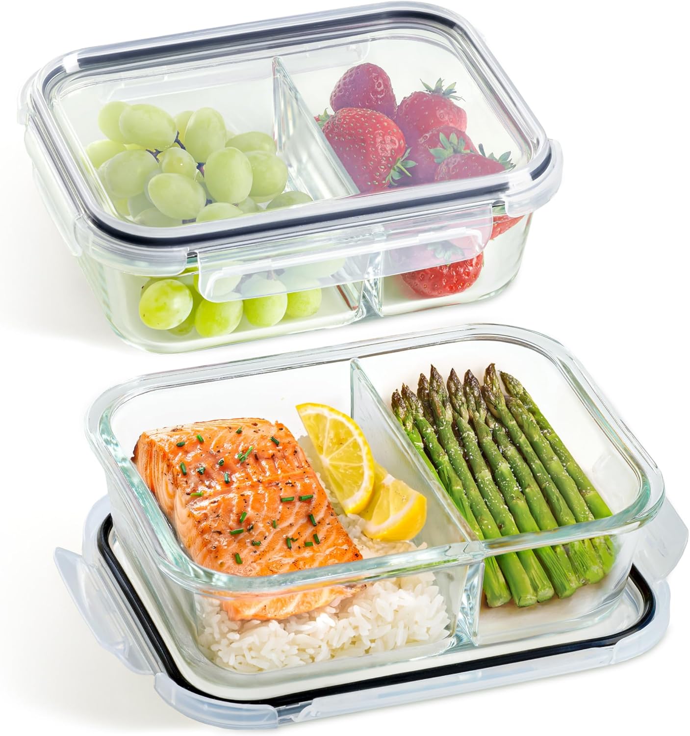 Praknu Meal-Prep-Boxen aus Glas, 2 Fächer – Set mit 2 Meal-Prep-Behältern 1 l – luftdichter Glasbehälter mit Deckel – geeignet für Spülmaschine, Mikrowelle und Backofen – Meal-Prep-Boxen – Lebensmittel-Aufbewahrungsbehälter aus Glas