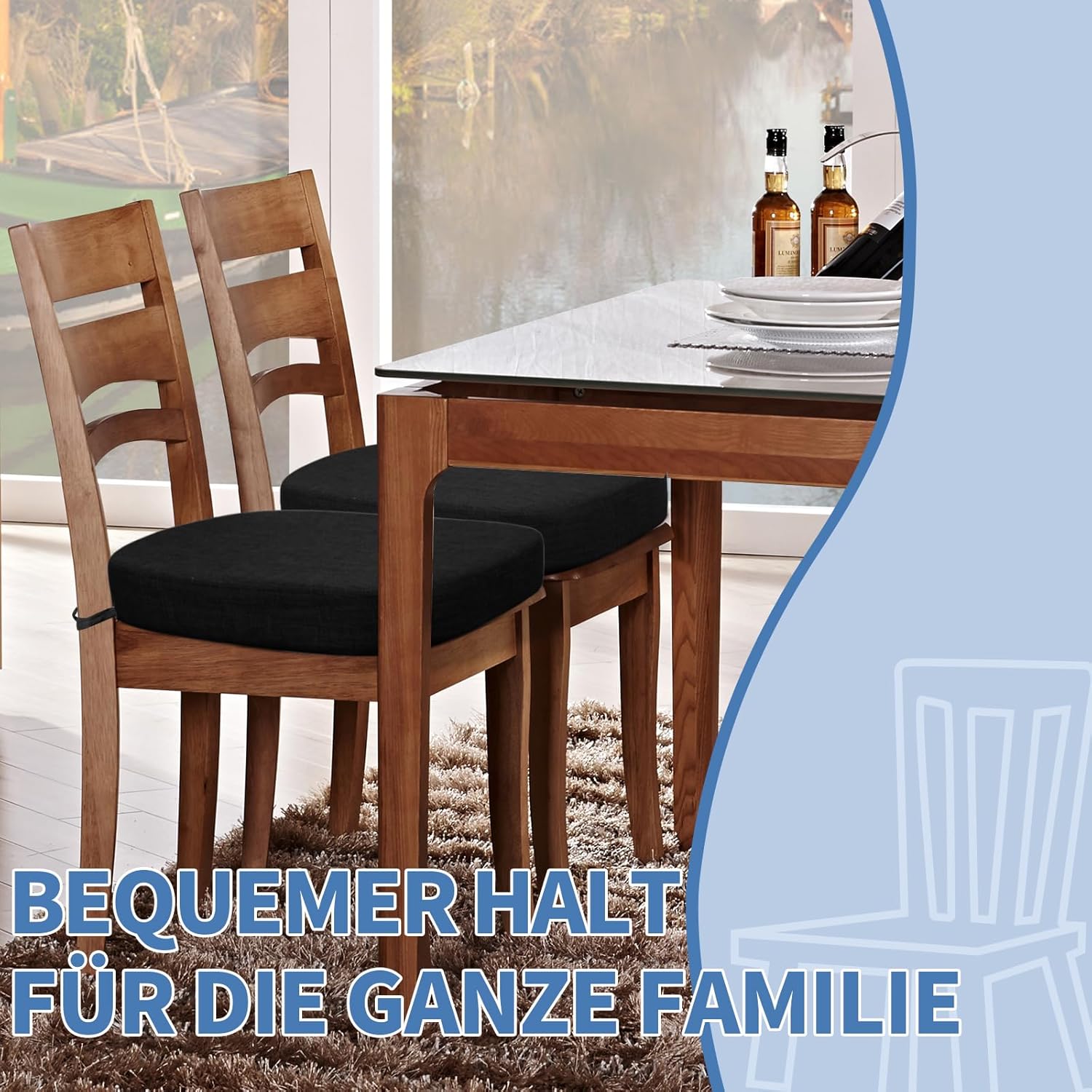 BUYUE Stuhlkissen 6,5 cm dick, U-förmiges Sitzkissen 40 x 40 cm mit hochdichtem Schaumstoff, Stoffbezug, rutschfeste Sitzunterlage für Küche und Esszimmer (1 Stück, schwarz) – Bild 3