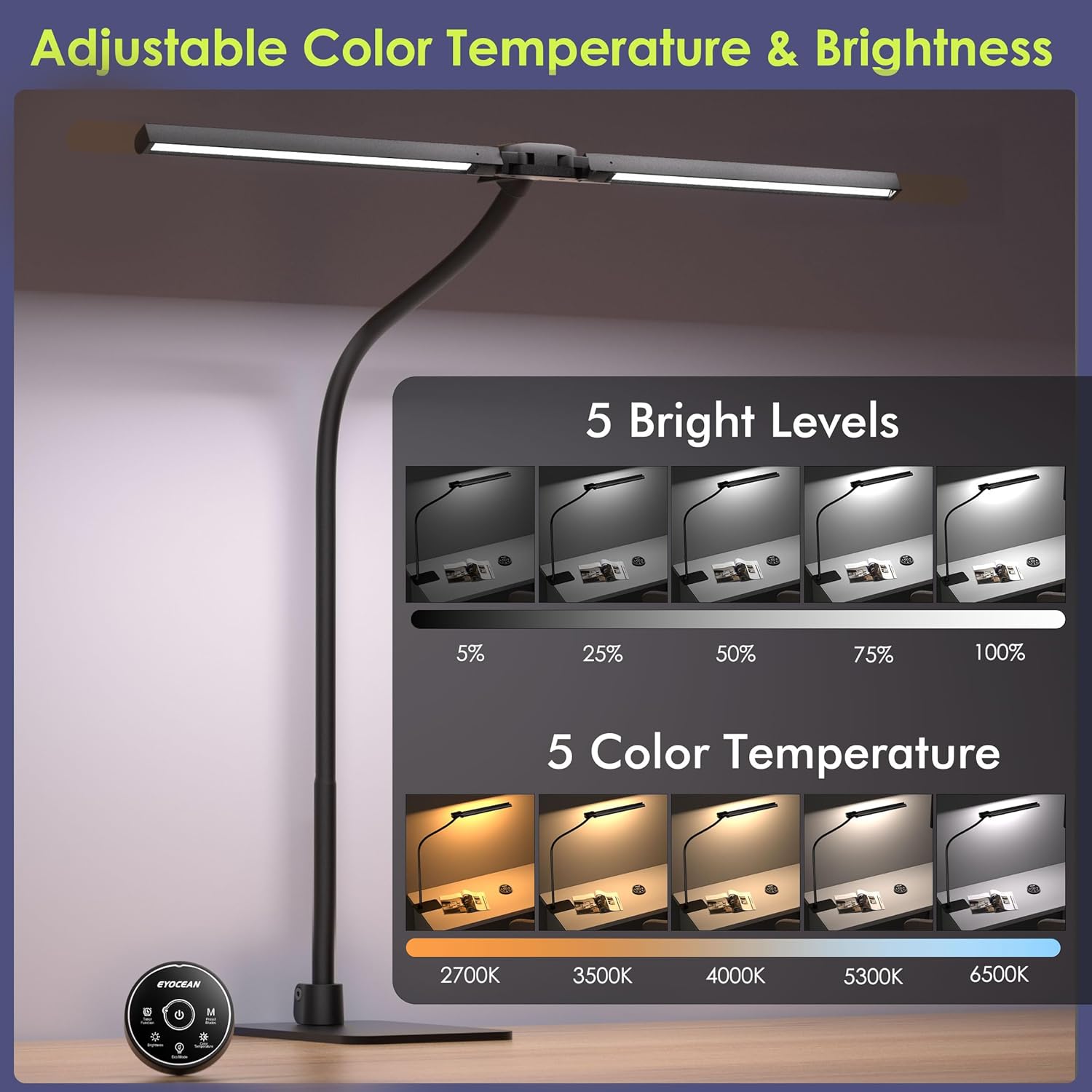 EYOCEAN Schreibtischlampe, Doppelkopf Schreibtischlampe Kinder, Augenschutz Schreibtischlampe, 16W 72cm Tageslichtlampe Schreibtisch mit Fernbedienung, Dimmbare Monitorlampe, Schwanenhals Bürotischlampe – Bild 5